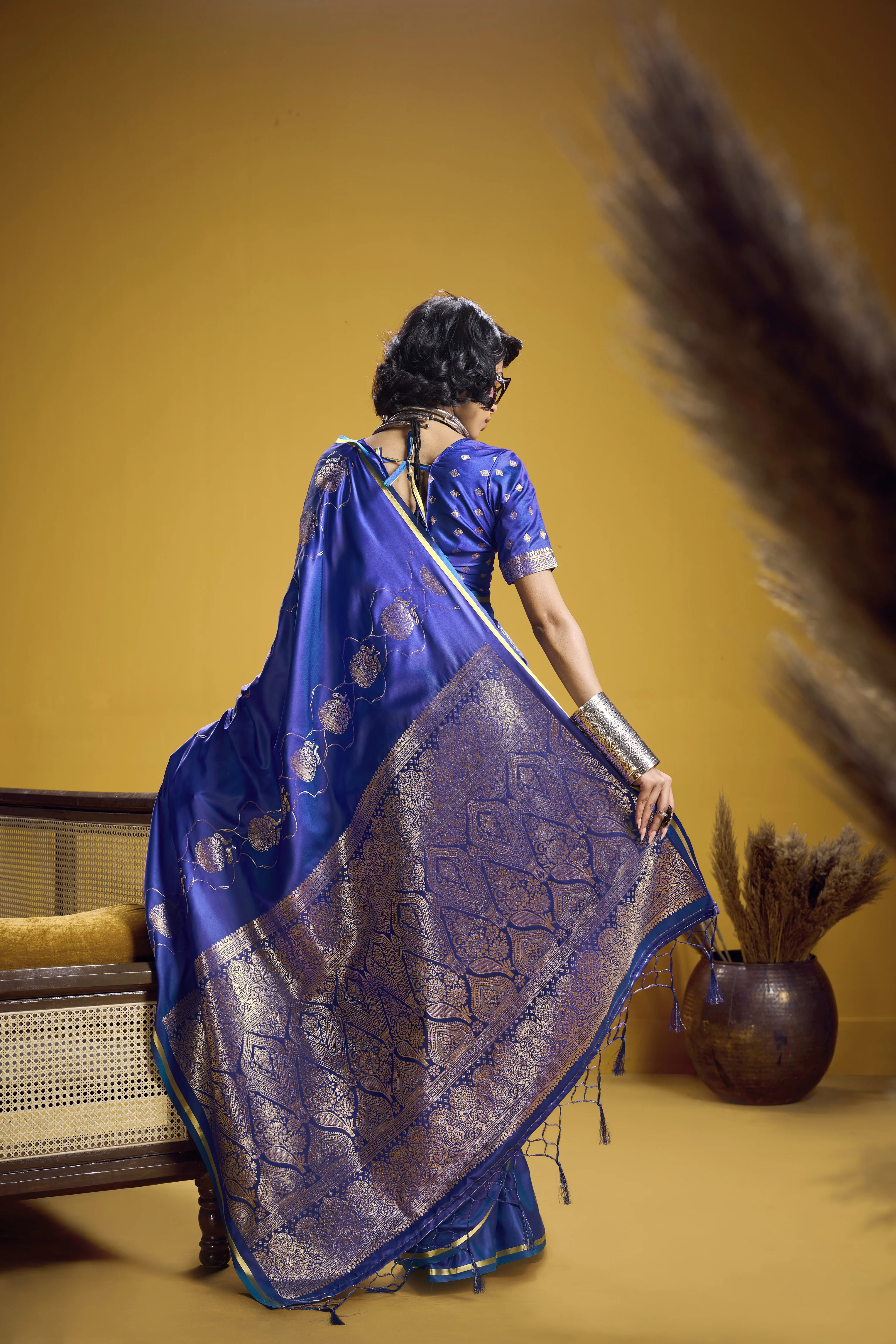 Royal Blue Satin Handloom Saree with Gold Woven Motifs & Rich Pallu - Image 6