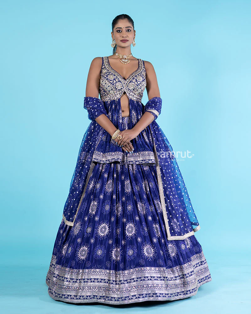 Royal Blue Sequins Embroidery Embellished Lehenga Choli - Image 4