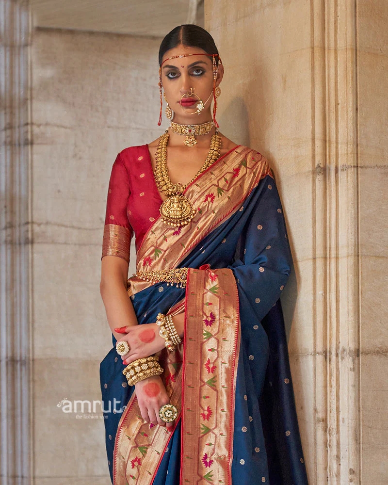 Royal Blue with Red Zari Border Paithani Silk Saree and Unstitched Blouse - Image 2