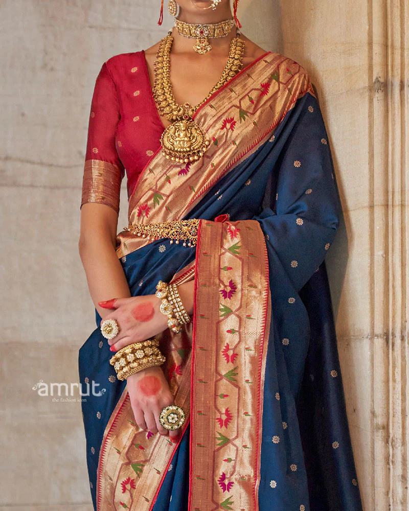 Royal Blue with Red Zari Border Paithani Silk Saree and Unstitched Blouse - Image 3
