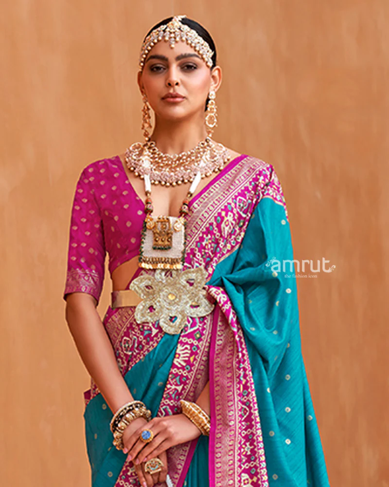 Royal Blue Zari Weaving Pink Border Saree in Patola Silk with Unstitched Blouse - Image 2