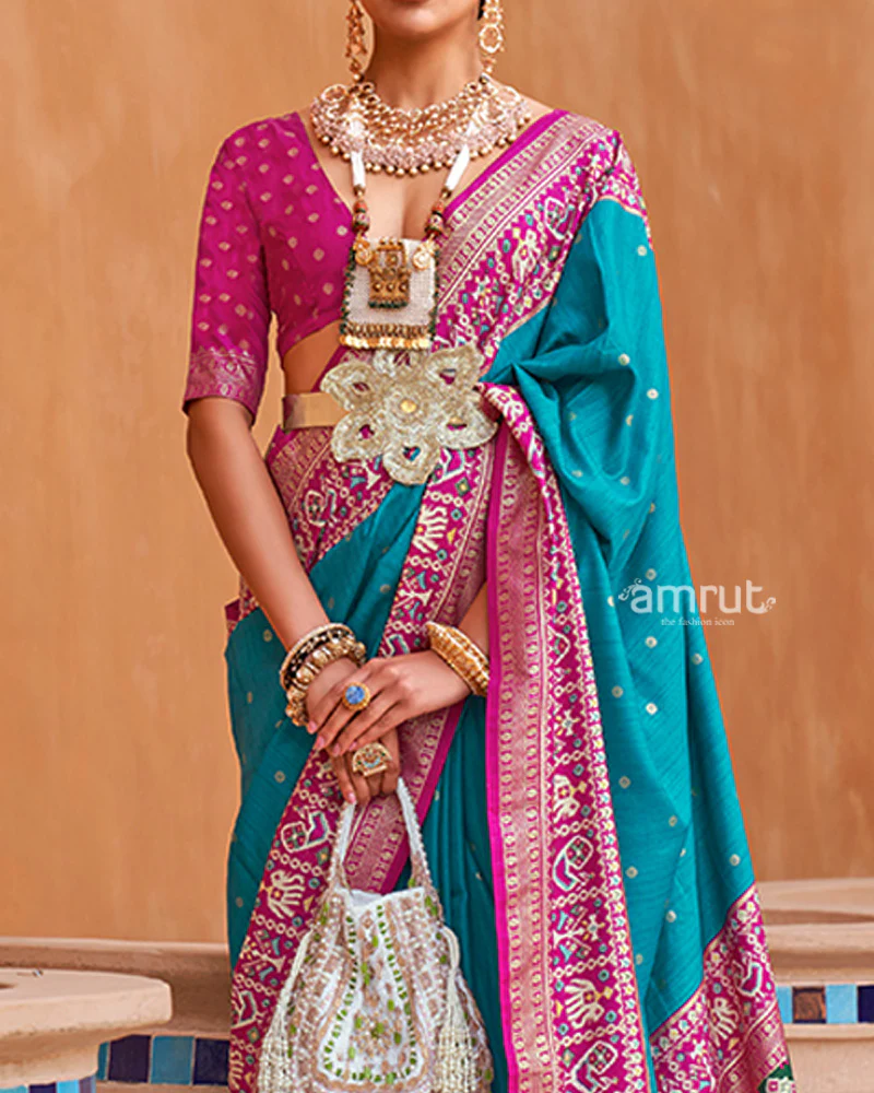 Royal Blue Zari Weaving Pink Border Saree in Patola Silk with Unstitched Blouse - Image 3