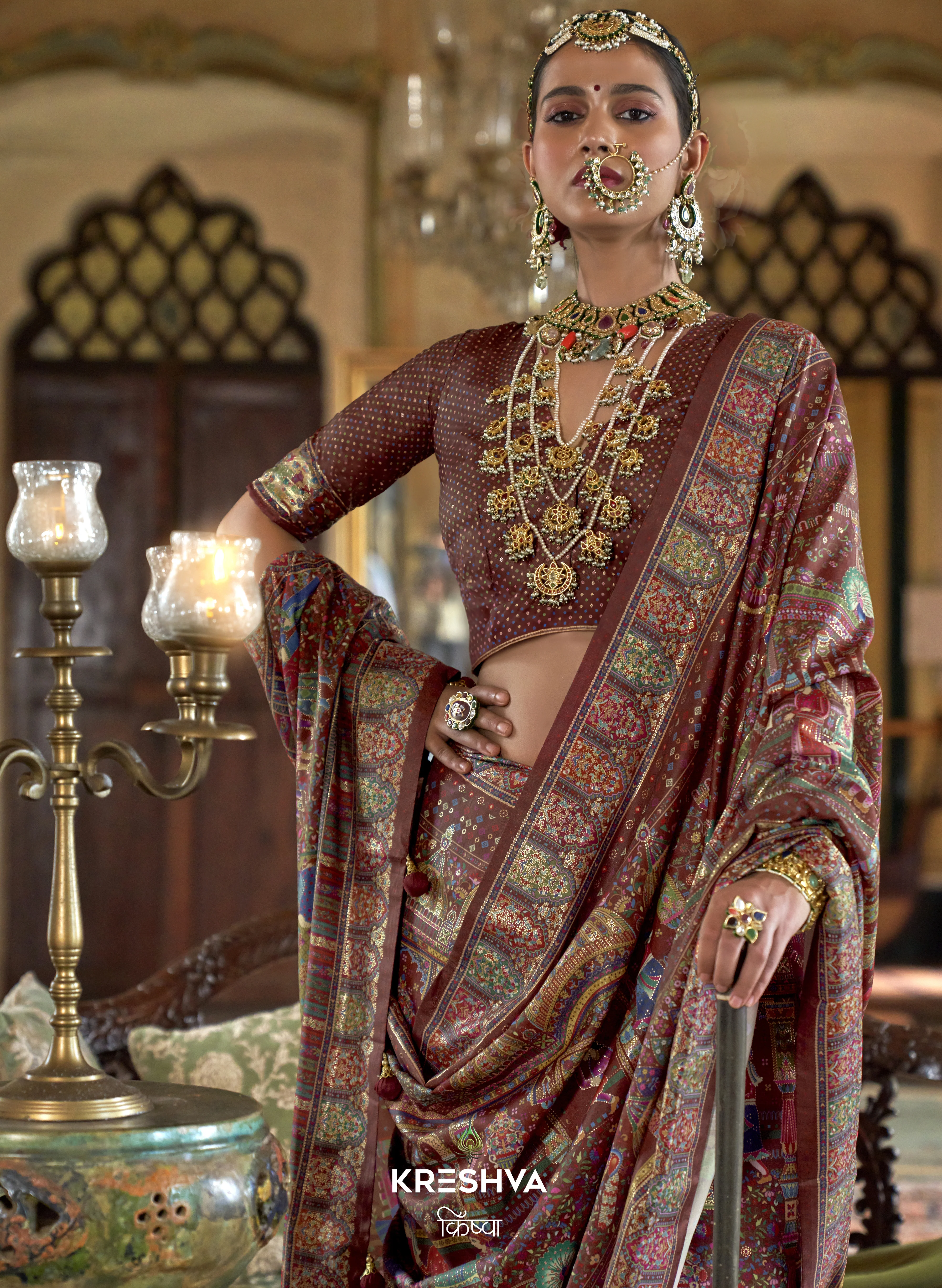 Royal Brown Heritage Pashmina Inspired Designer Saree with Heavy Traditional Border - Image 2