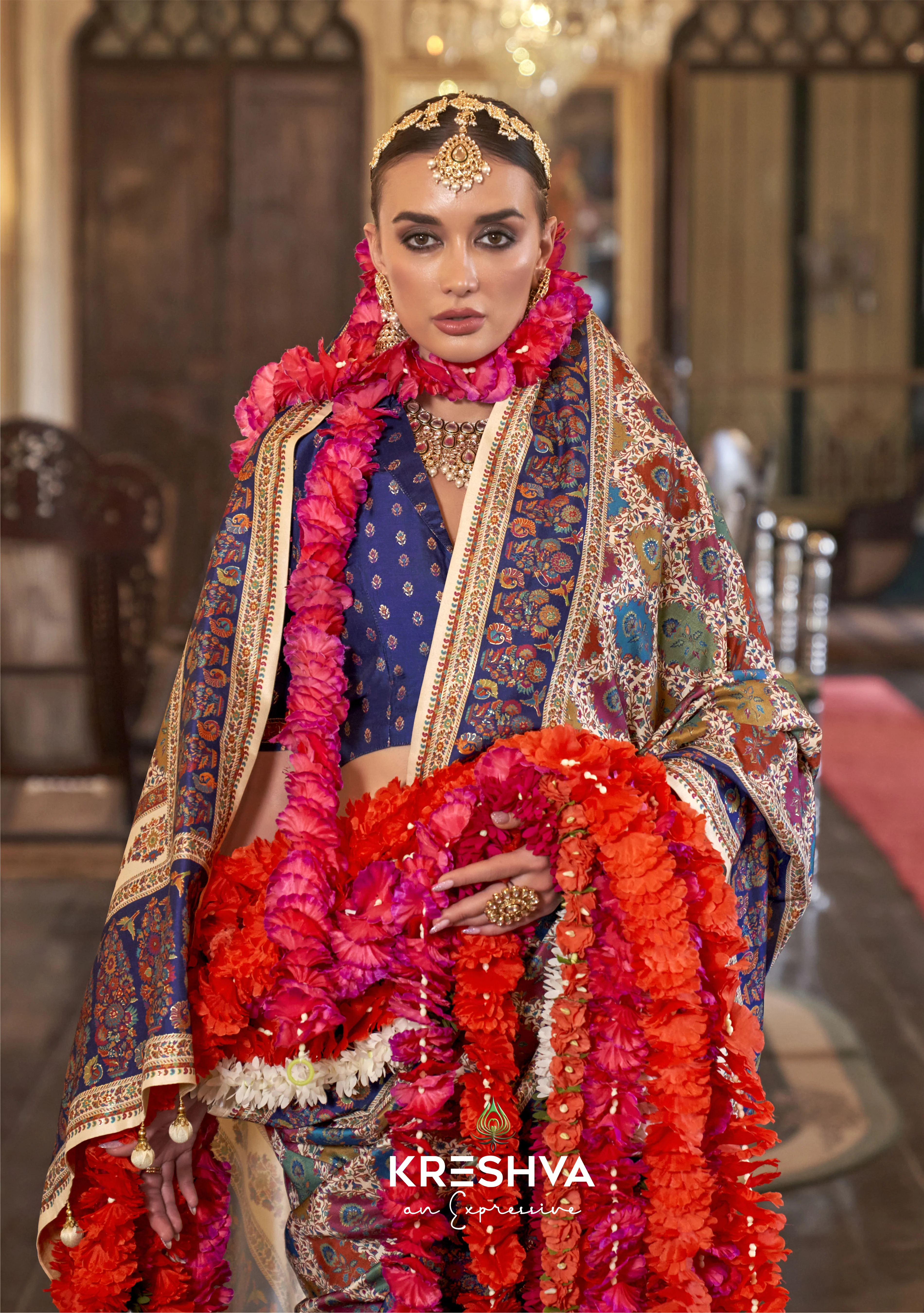 Royal Cream Pashmina Inspired Heritage Designer Saree - Image 2