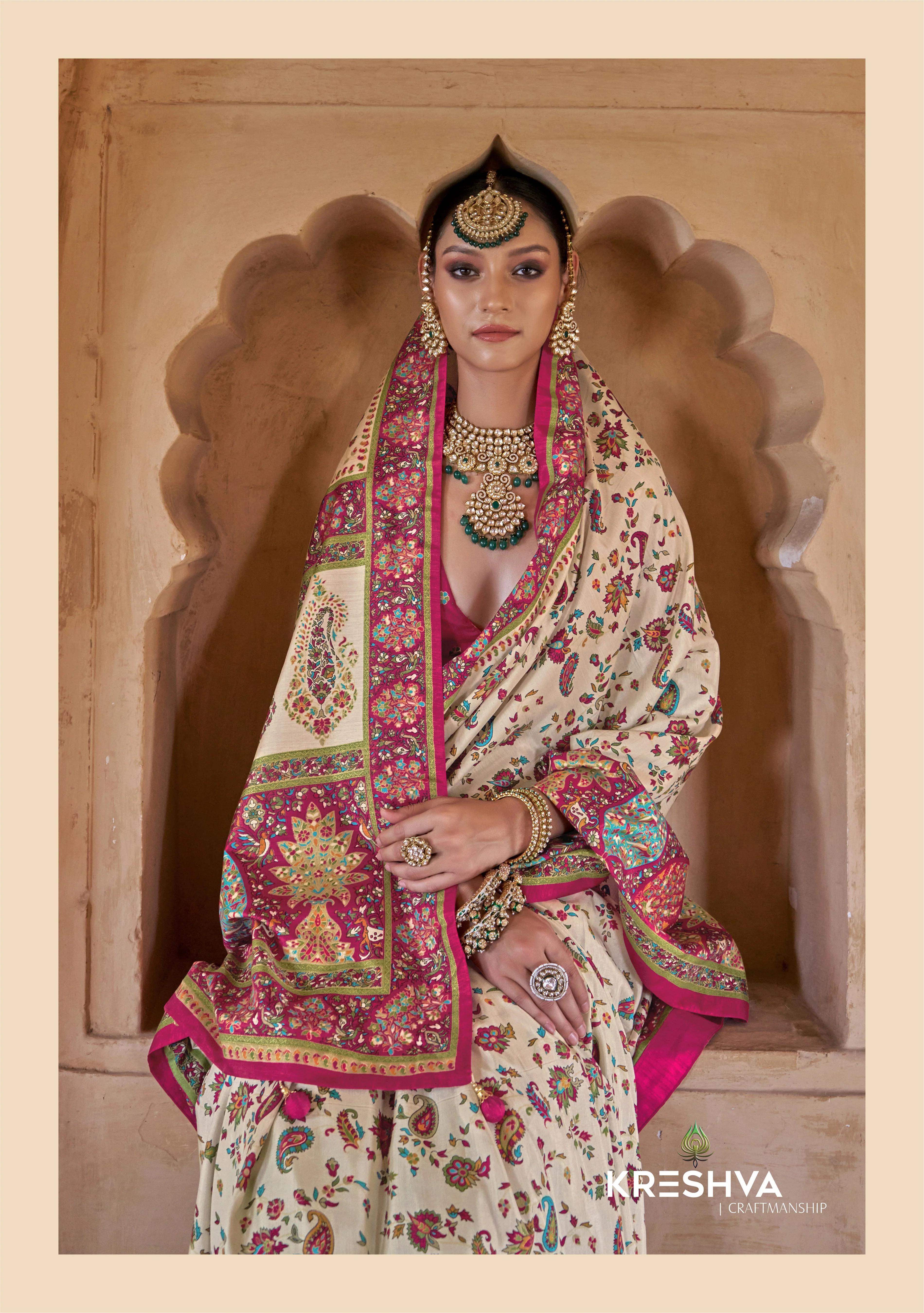 Royal Cream & Rani Pink Heritage Pashmina Inspired Designer Saree - Image 2