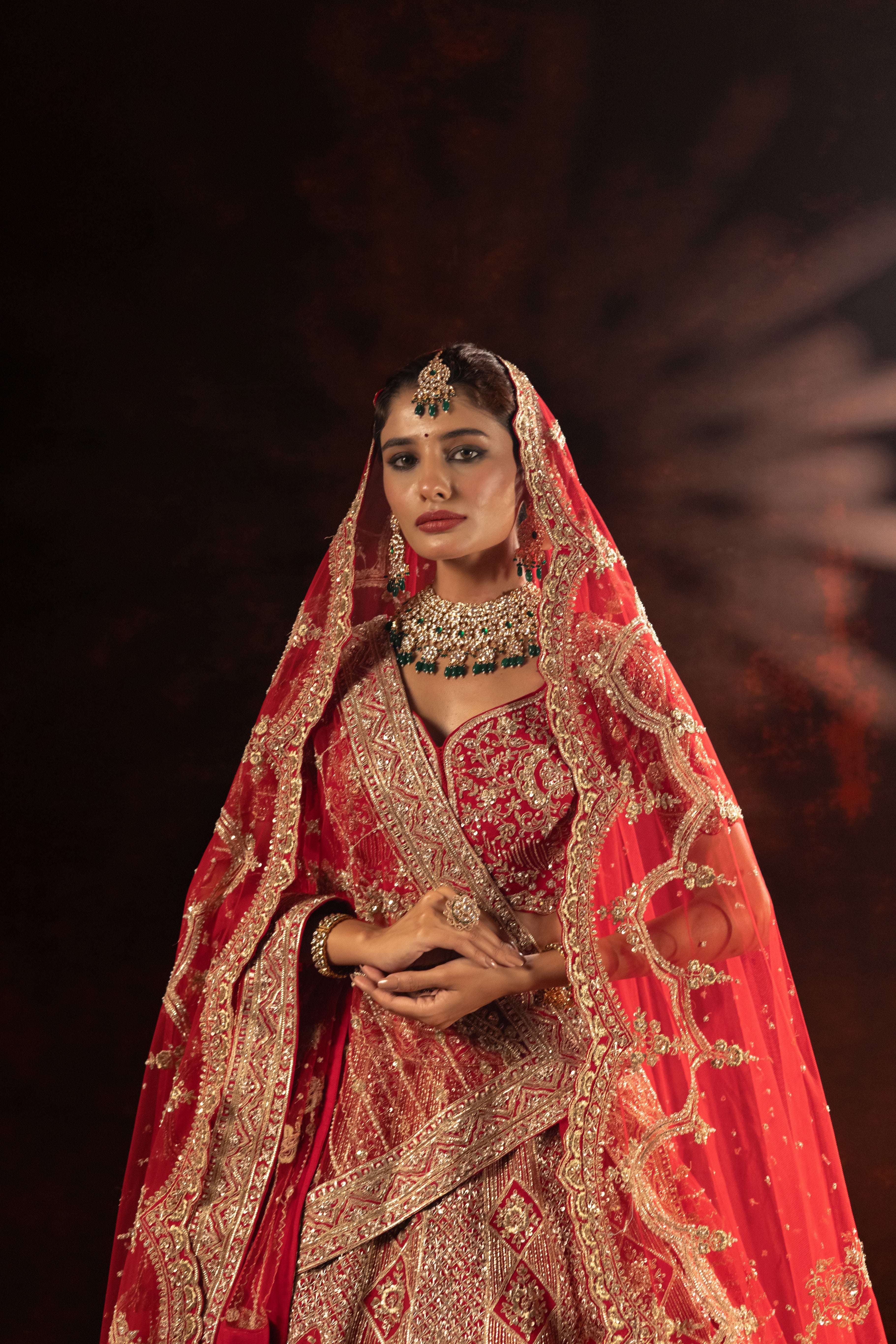 Royal Crimson Designer Bridal Lehenga with Heavy Gold Embroidery - Image 3