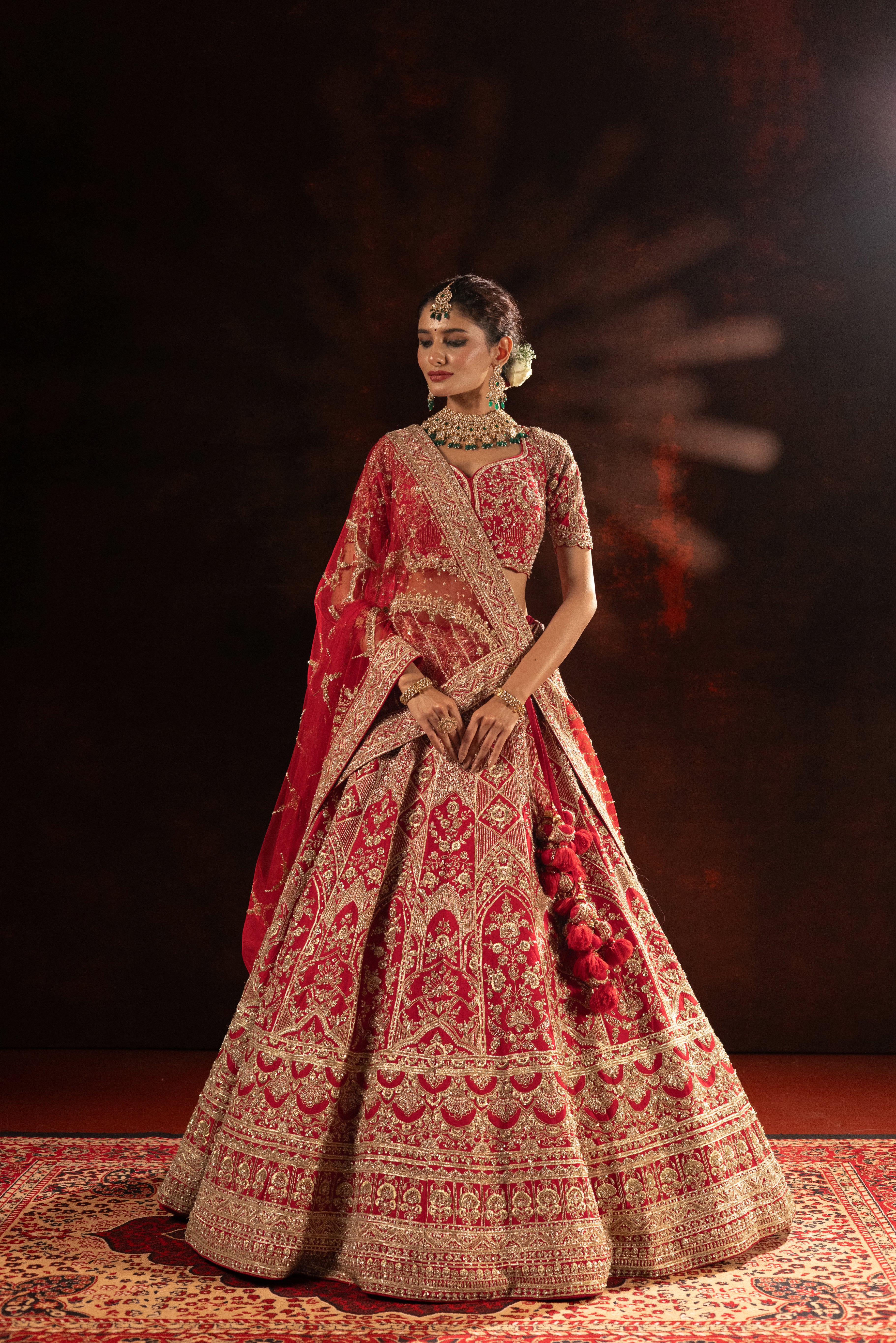 Royal Crimson Designer Bridal Lehenga with Heavy Gold Embroidery - Image 4