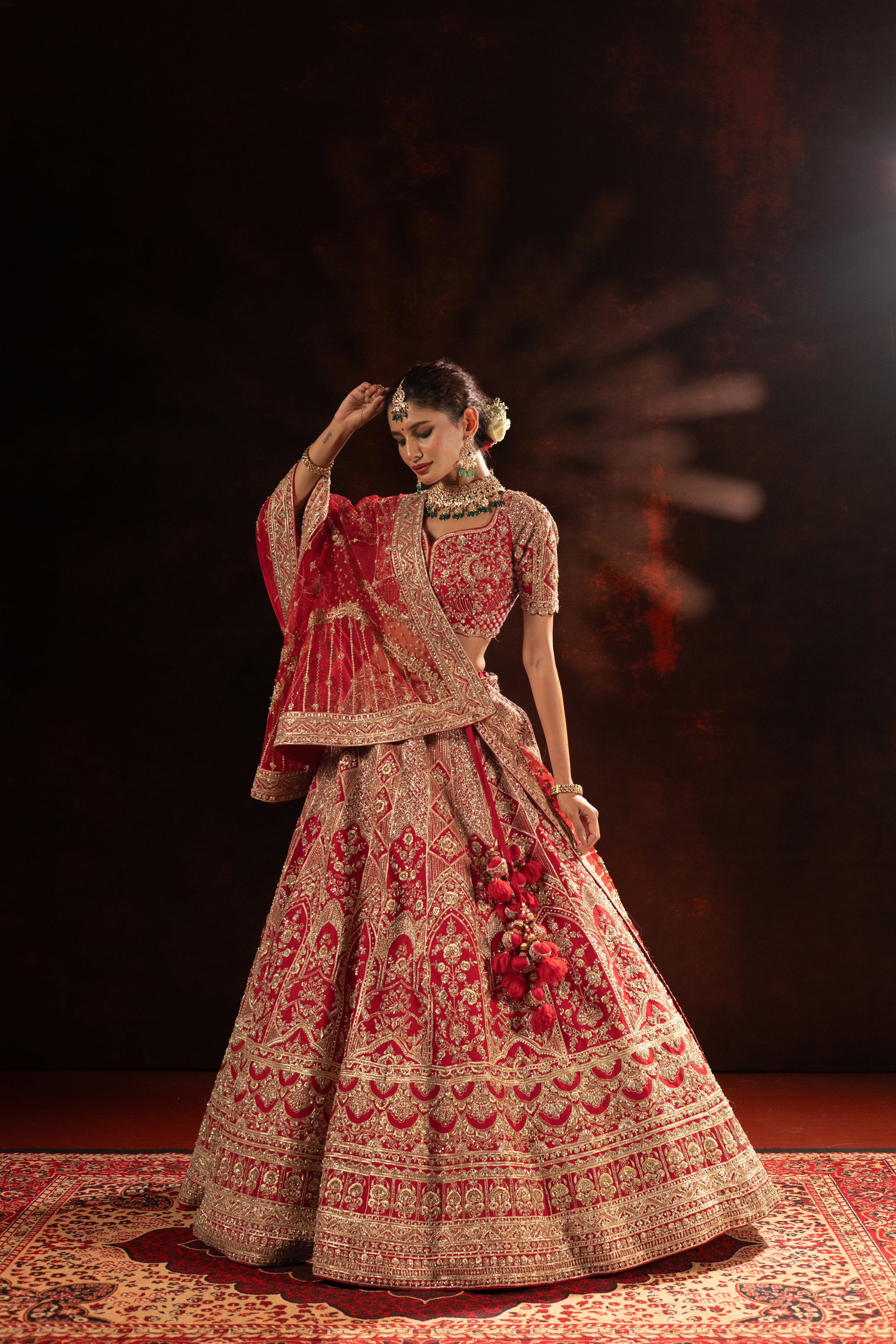 Royal Crimson Designer Bridal Lehenga with Heavy Gold Embroidery - Image 5