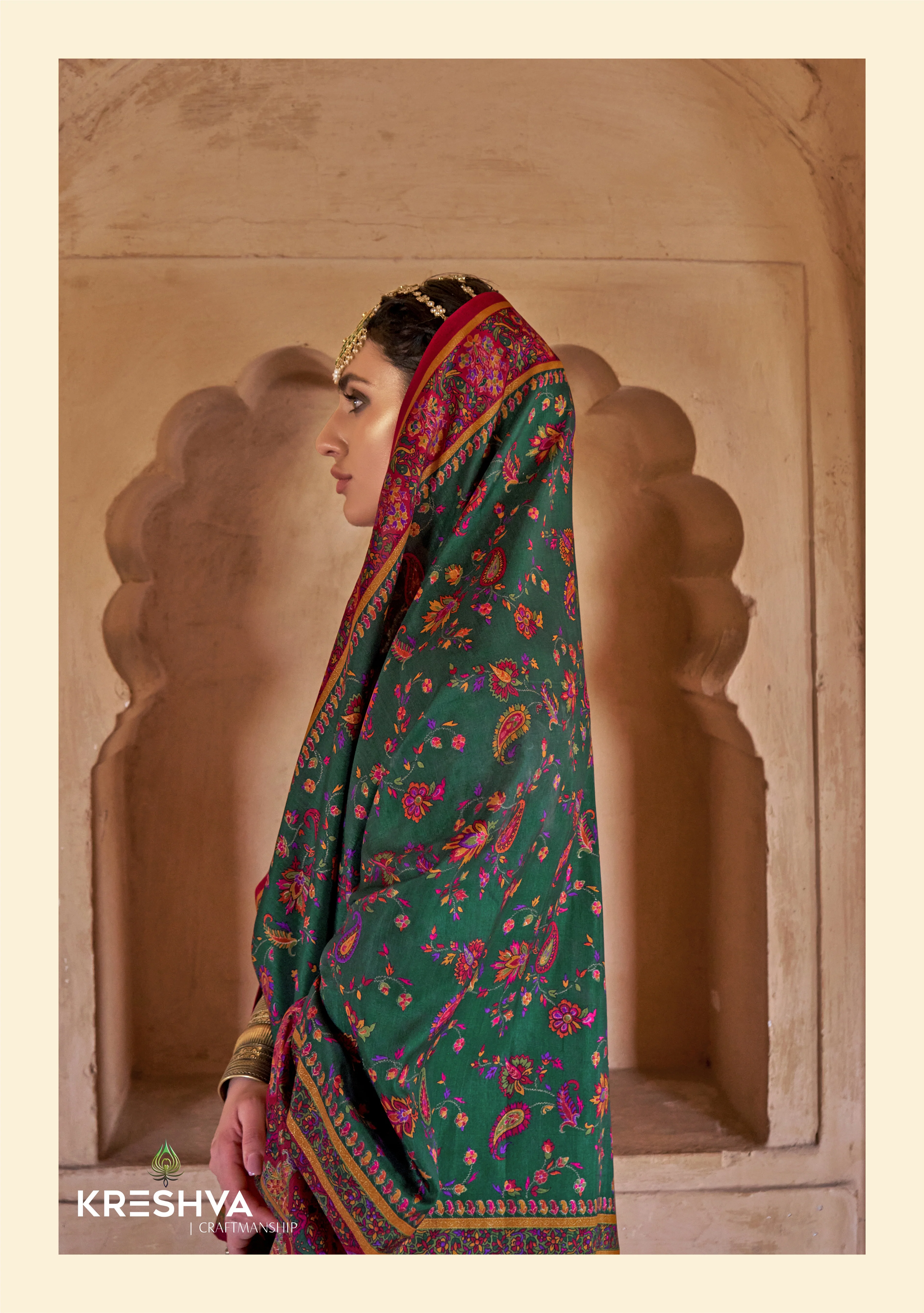 Royal Emerald Green & Rani Pink Pashmina Inspired Heritage Bridal Designer Saree - Image 2
