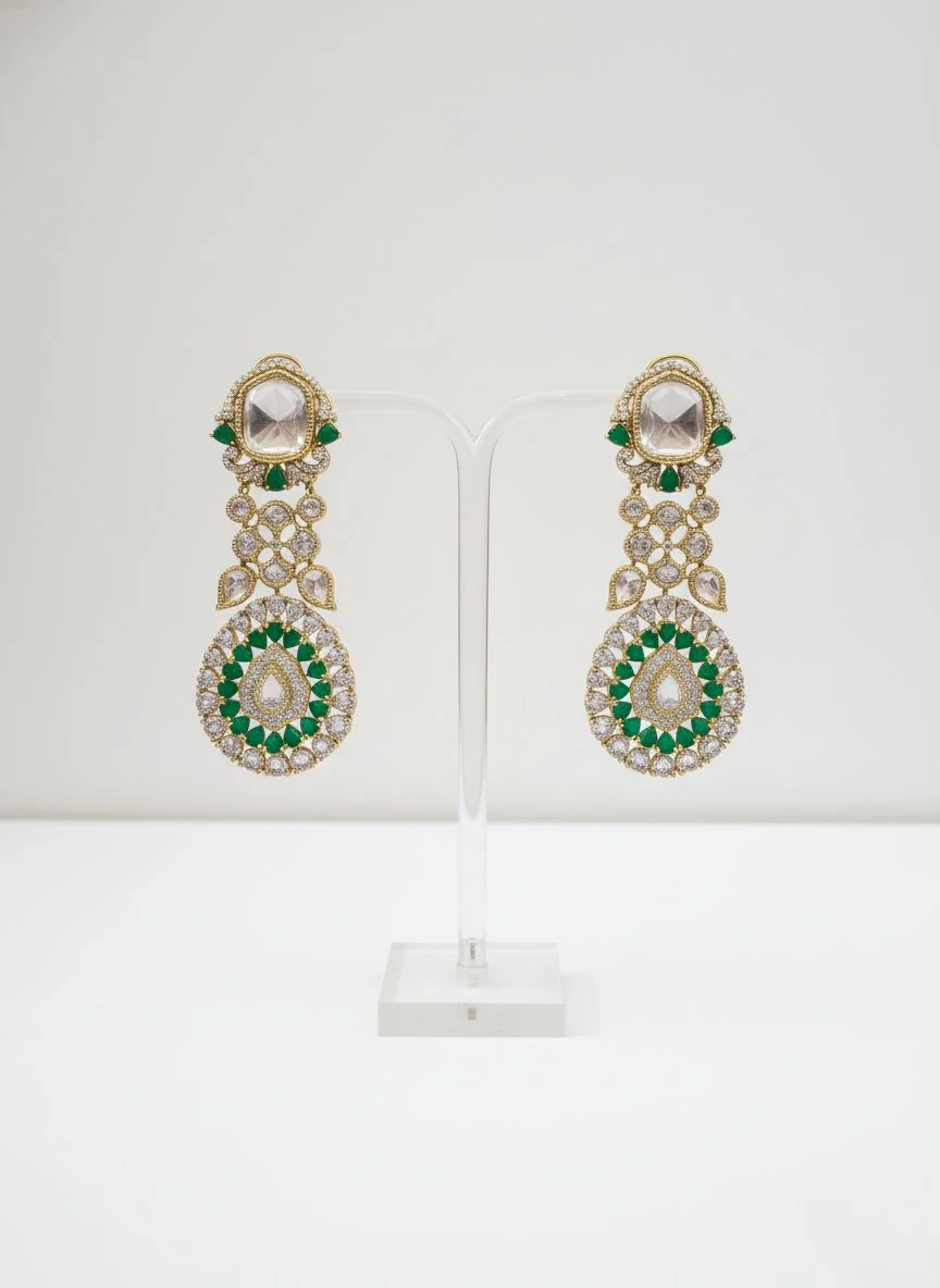Royal Emerald Green & White Kundan Layered Bridal Necklace Set with Statement Earrings - Image 2