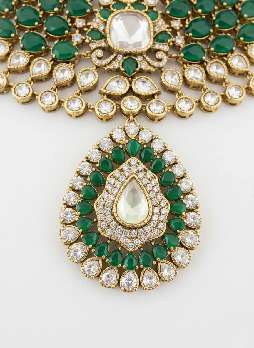 Royal Emerald Green & White Kundan Layered Bridal Necklace Set with Statement Earrings - Image 3