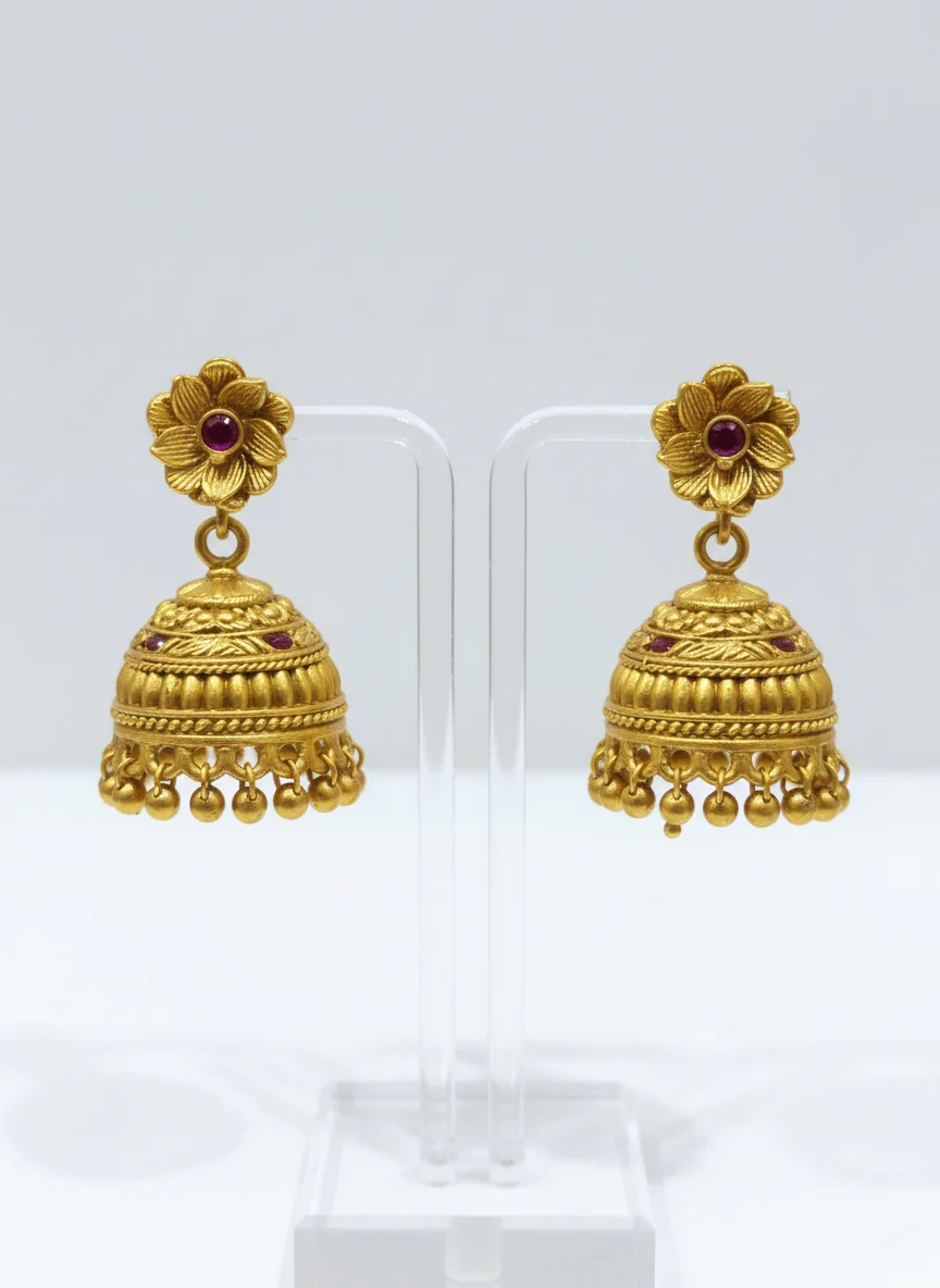Royal Five-Layer Gold Bead Mala with Antique Jhumka Earrings - Image 2