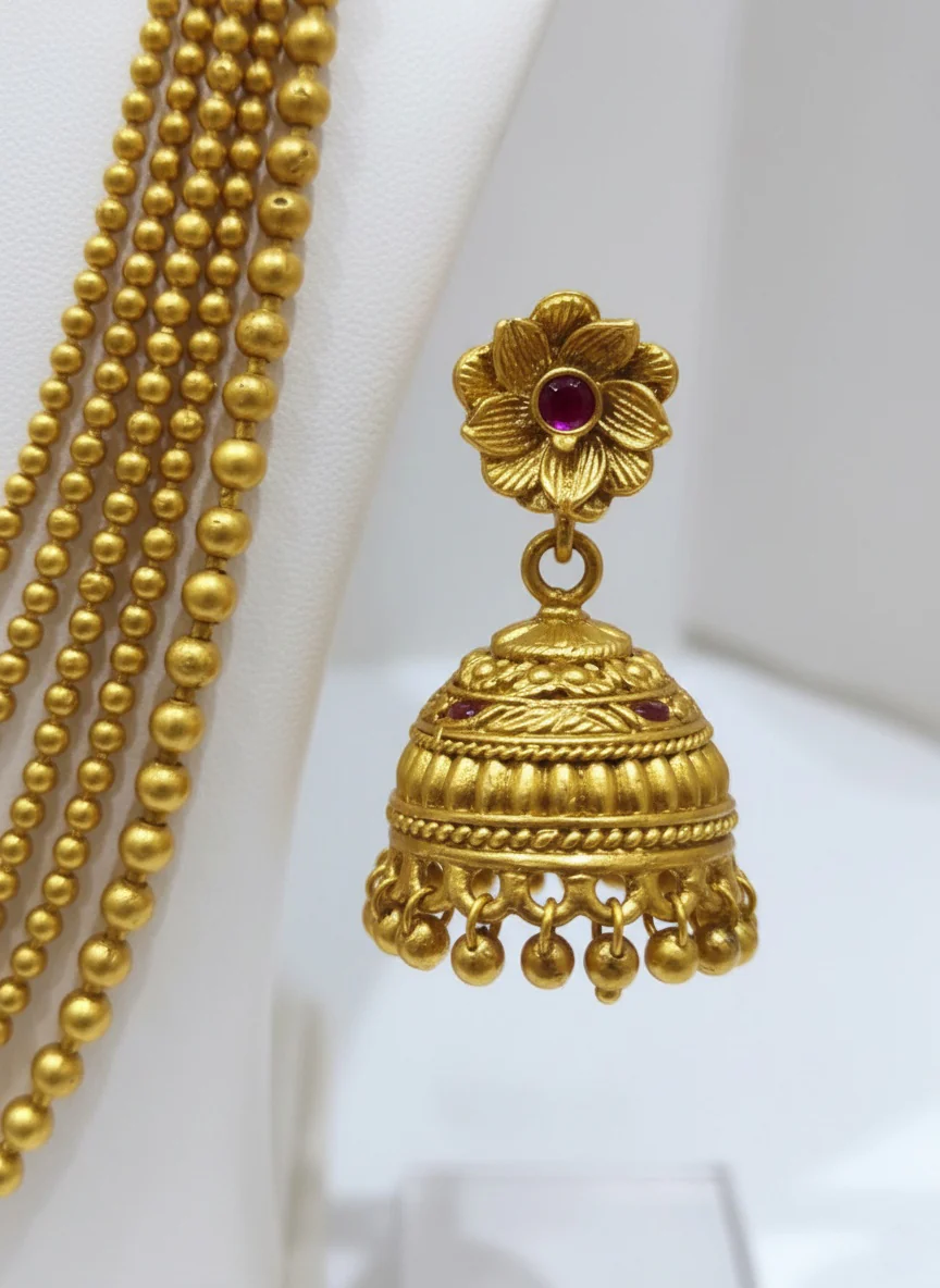 Royal Five-Layer Gold Bead Mala with Antique Jhumka Earrings - Image 3
