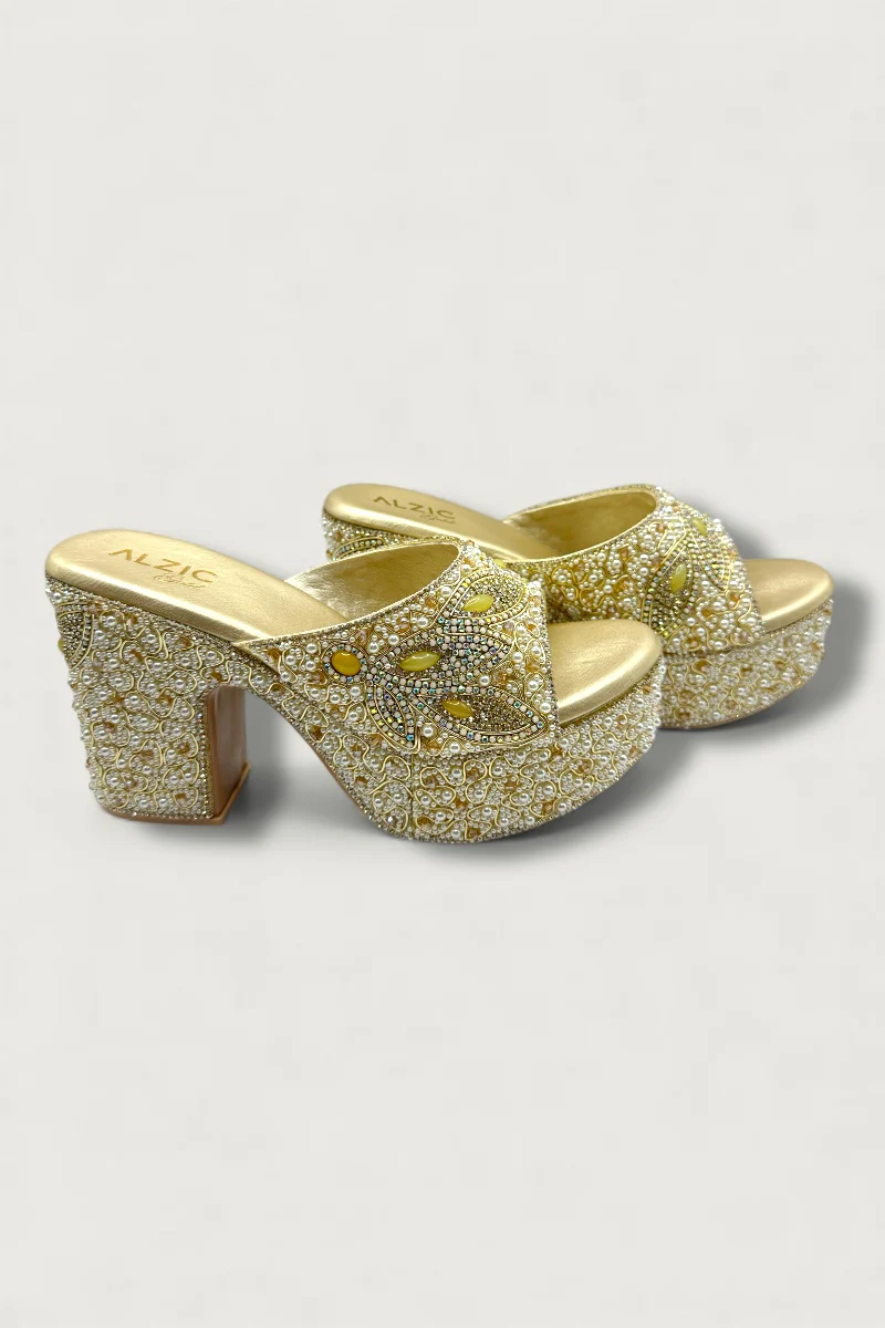 Royal Gold Handcrafted Pearl & Crystal Embellished Platform Heels - Image 2