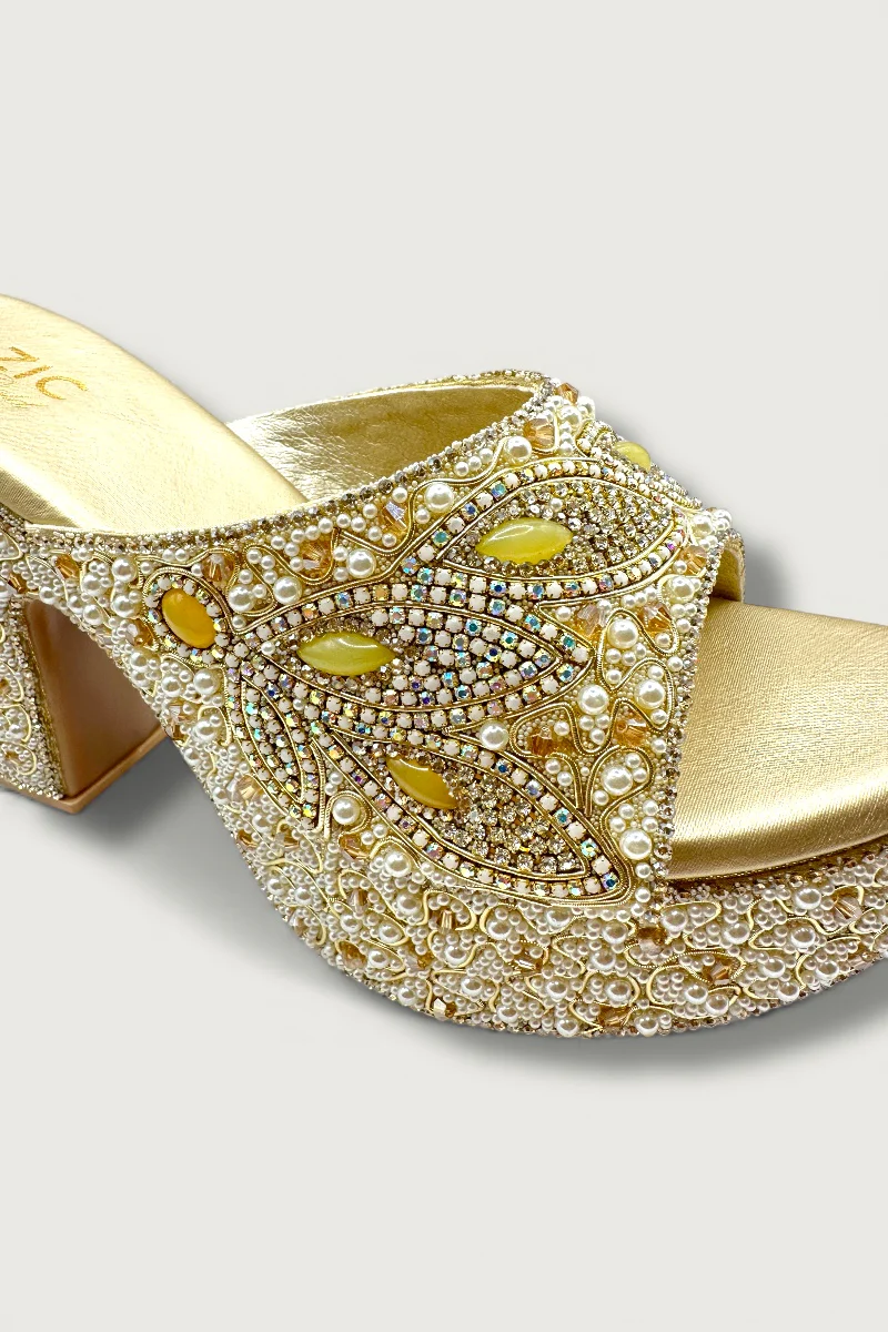 Royal Gold Handcrafted Pearl & Crystal Embellished Platform Heels - Image 3