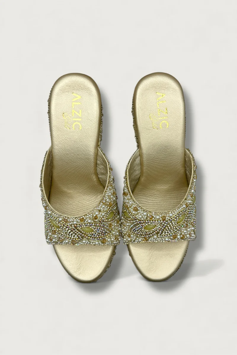 Royal Gold Handcrafted Pearl & Crystal Embellished Platform Heels - Image 4