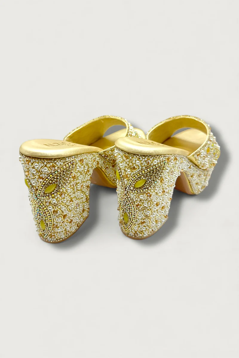 Royal Gold Handcrafted Pearl & Crystal Embellished Platform Heels - Image 5