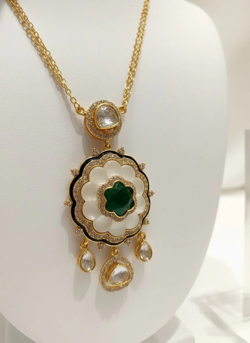 Royal Gold-Plated Kundan & Emerald Green Enamel Necklace Set with Matching Earrings - Image 2