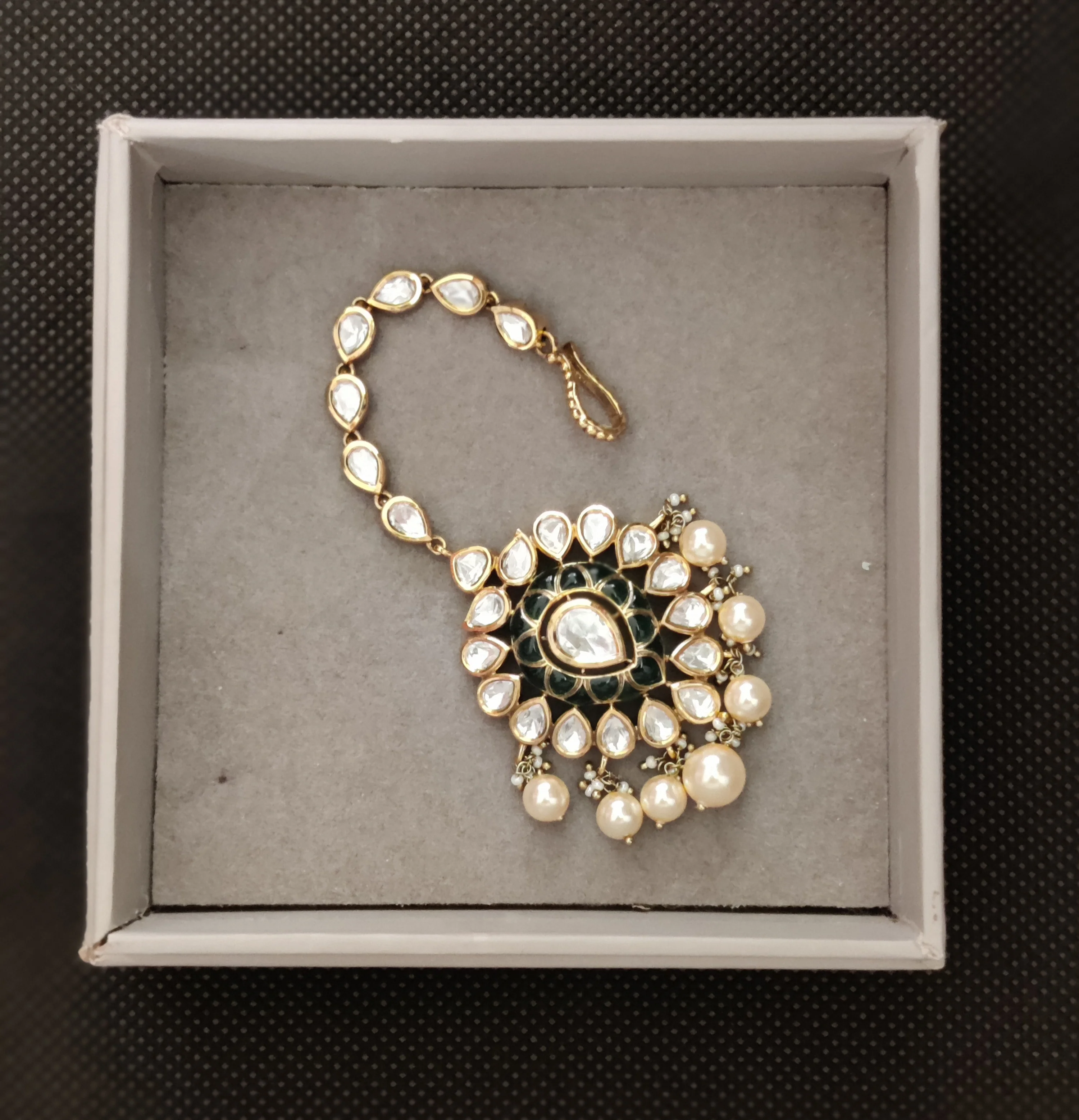 Royal Green Meenakari Kundan Bridal Necklace Set with Earrings & Maang Tikka - Image 3