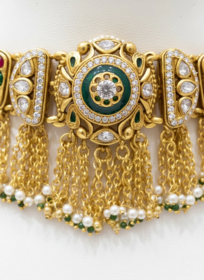 Royal Kundan Choker Necklace Set with Green & Red Stone Detailing - Image 2