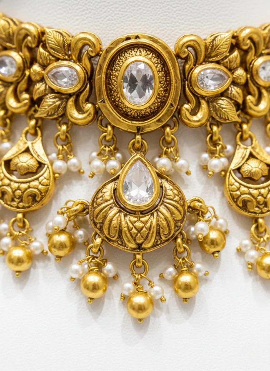 Royal Kundan Choker Necklace Set with Pearls & Antique Gold Finish - Image 3