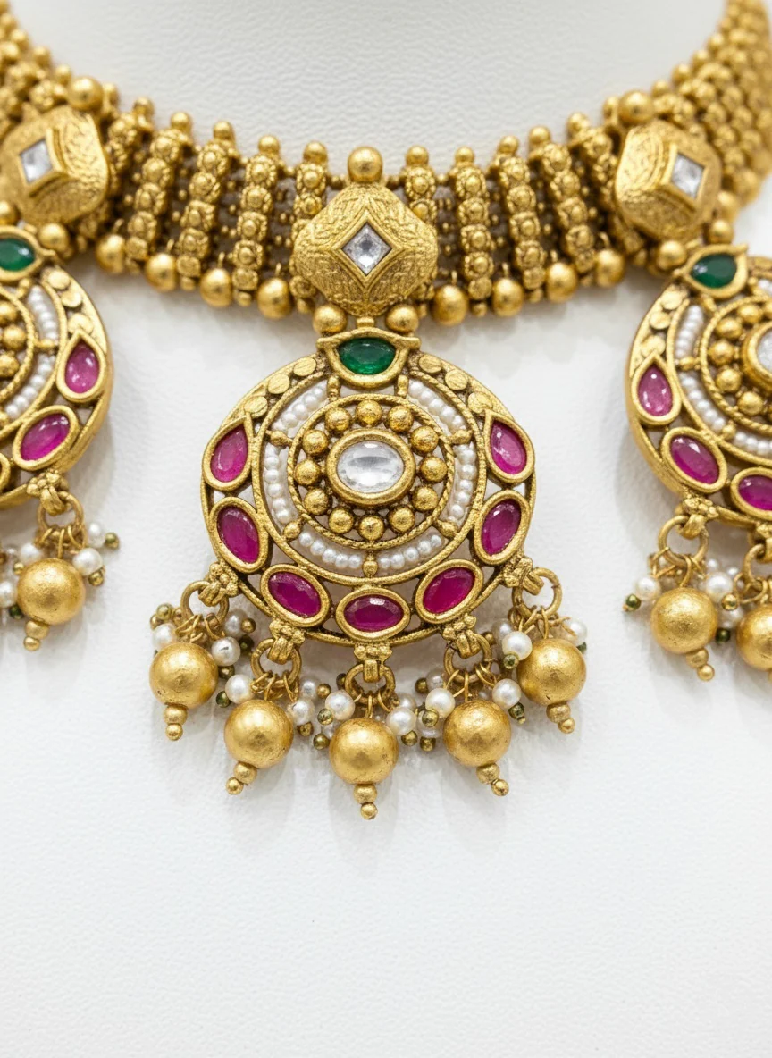 Royal Kundan Choker Necklace Set with Ruby & Emerald Stones - Image 3