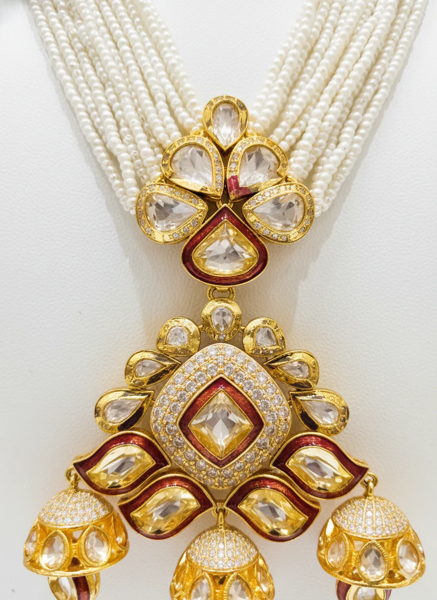Royal Kundan Polki Necklace Set with Ruby Beaded Strings - Image 3