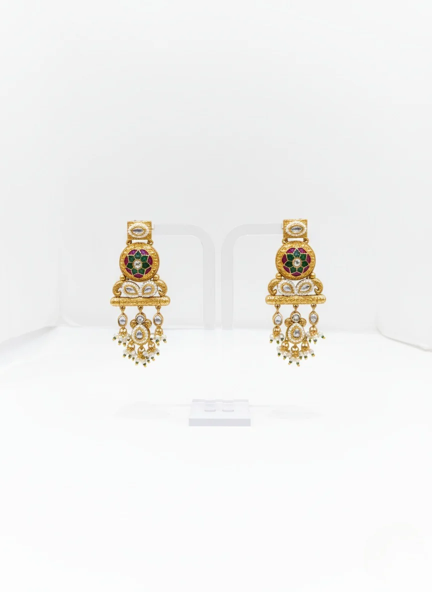 Royal Kundan Polki Temple Necklace Set with Emerald & Pearl Layers - Image 2