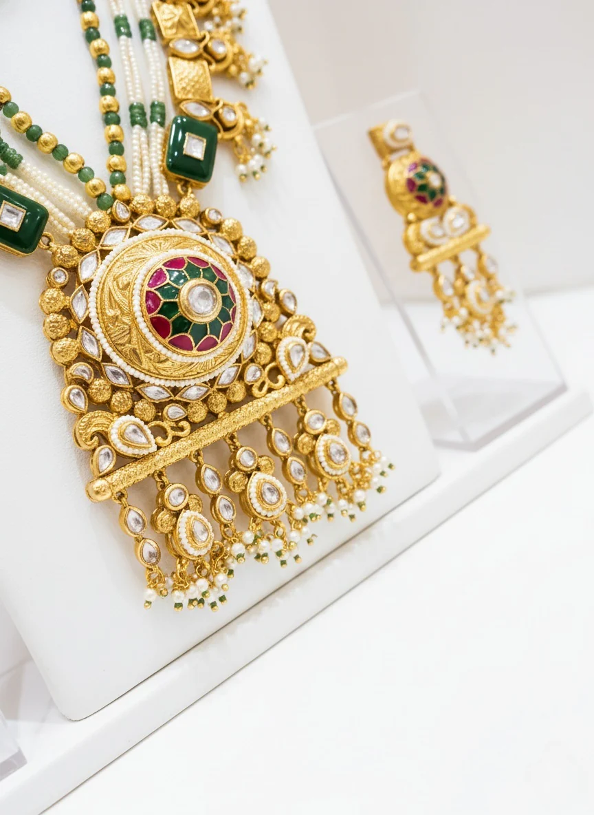 Royal Kundan Polki Temple Necklace Set with Emerald & Pearl Layers - Image 3
