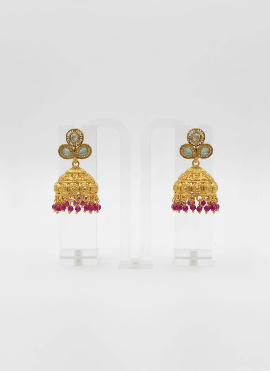 Royal Kundan Temple Necklace Set with Pearls & Ruby Beads - Image 2