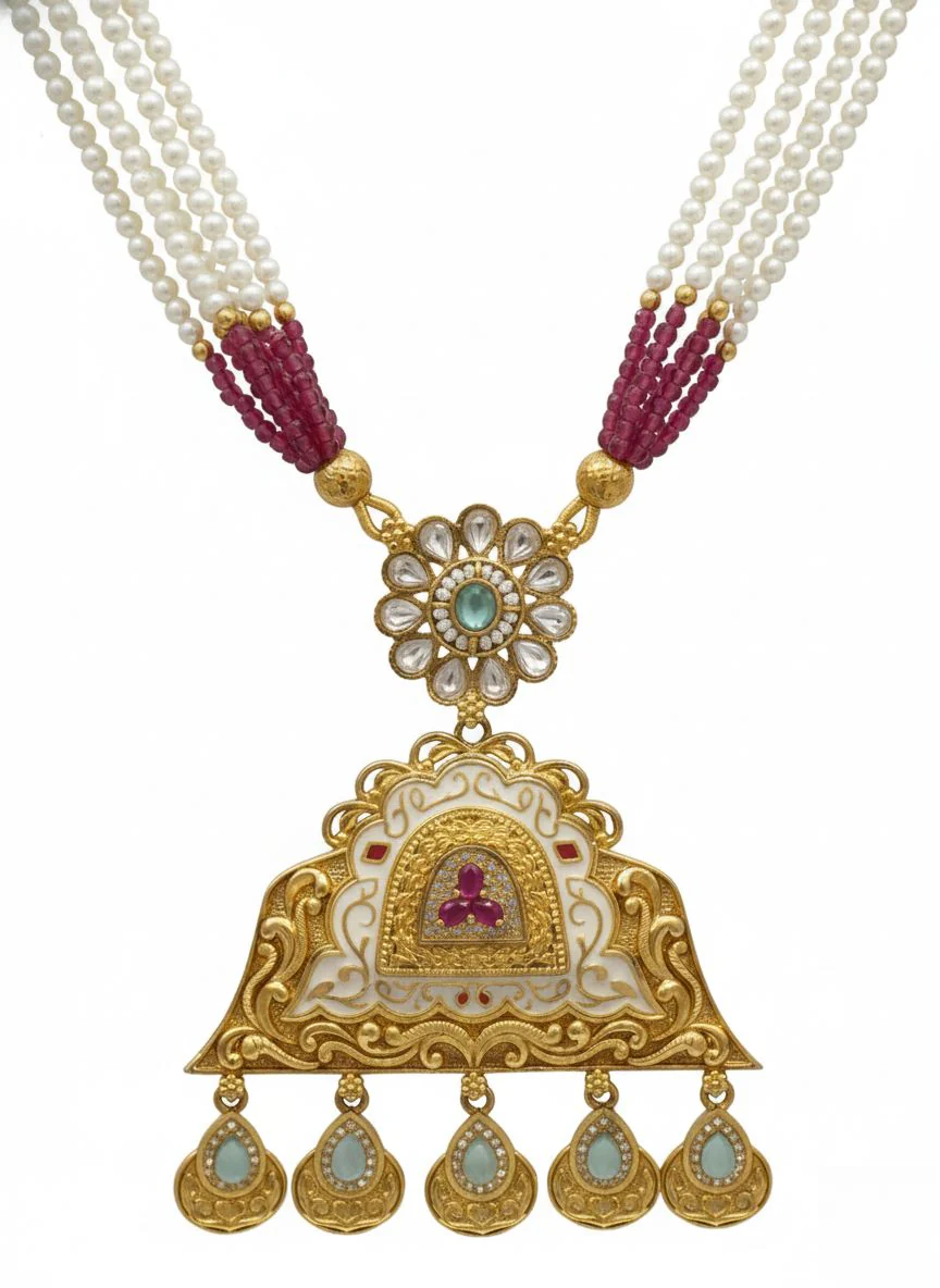 Royal Kundan Temple Necklace Set with Pearls & Ruby Beads - Image 3