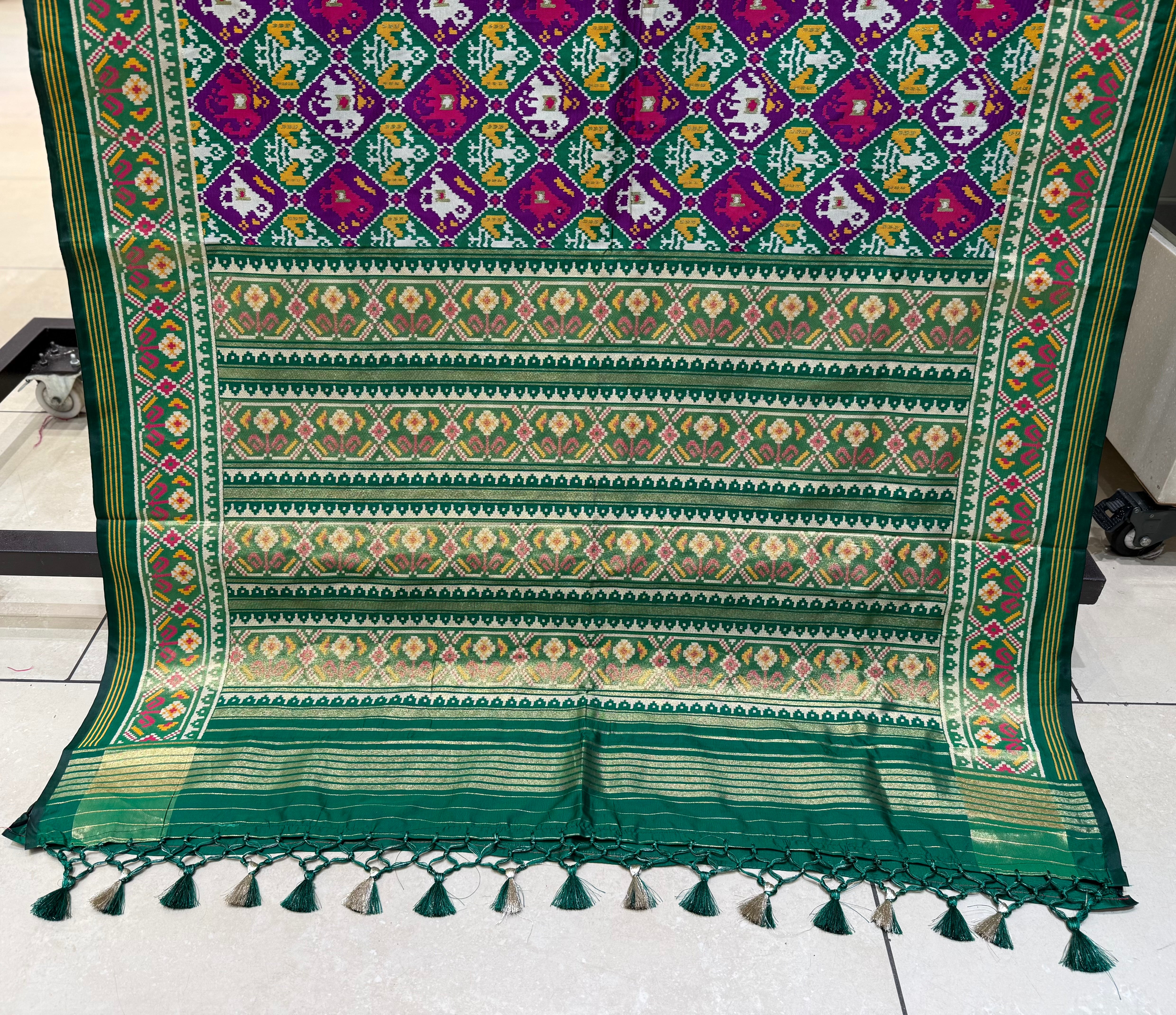 Royal Kunjar Phool Bhat Patola Inspired Saree with Traditional Floral & Elephant Motifs - Image 2