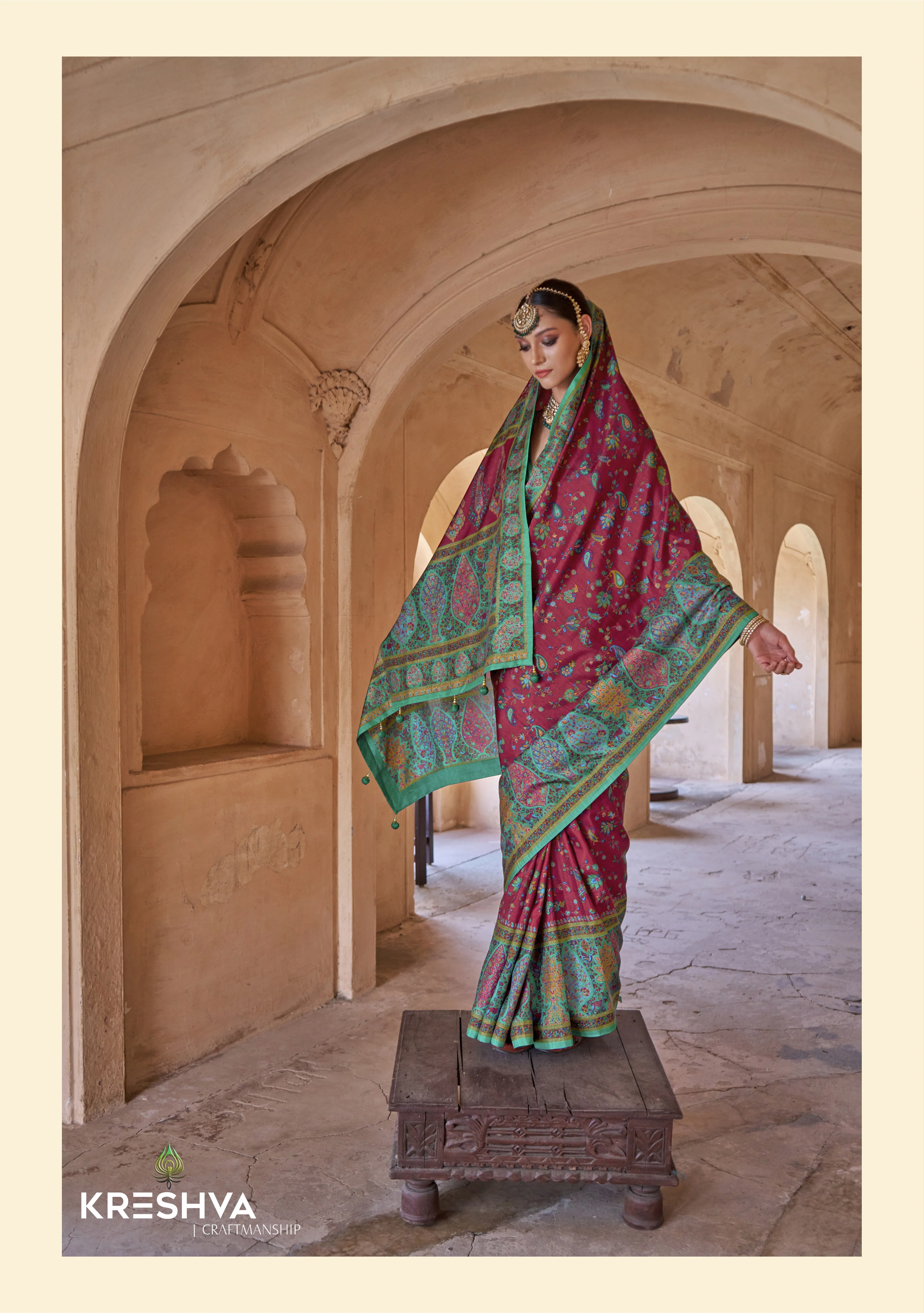 Royal Maroon & Emerald Green Heritage Pashmina Inspired Designer Saree - Image 2
