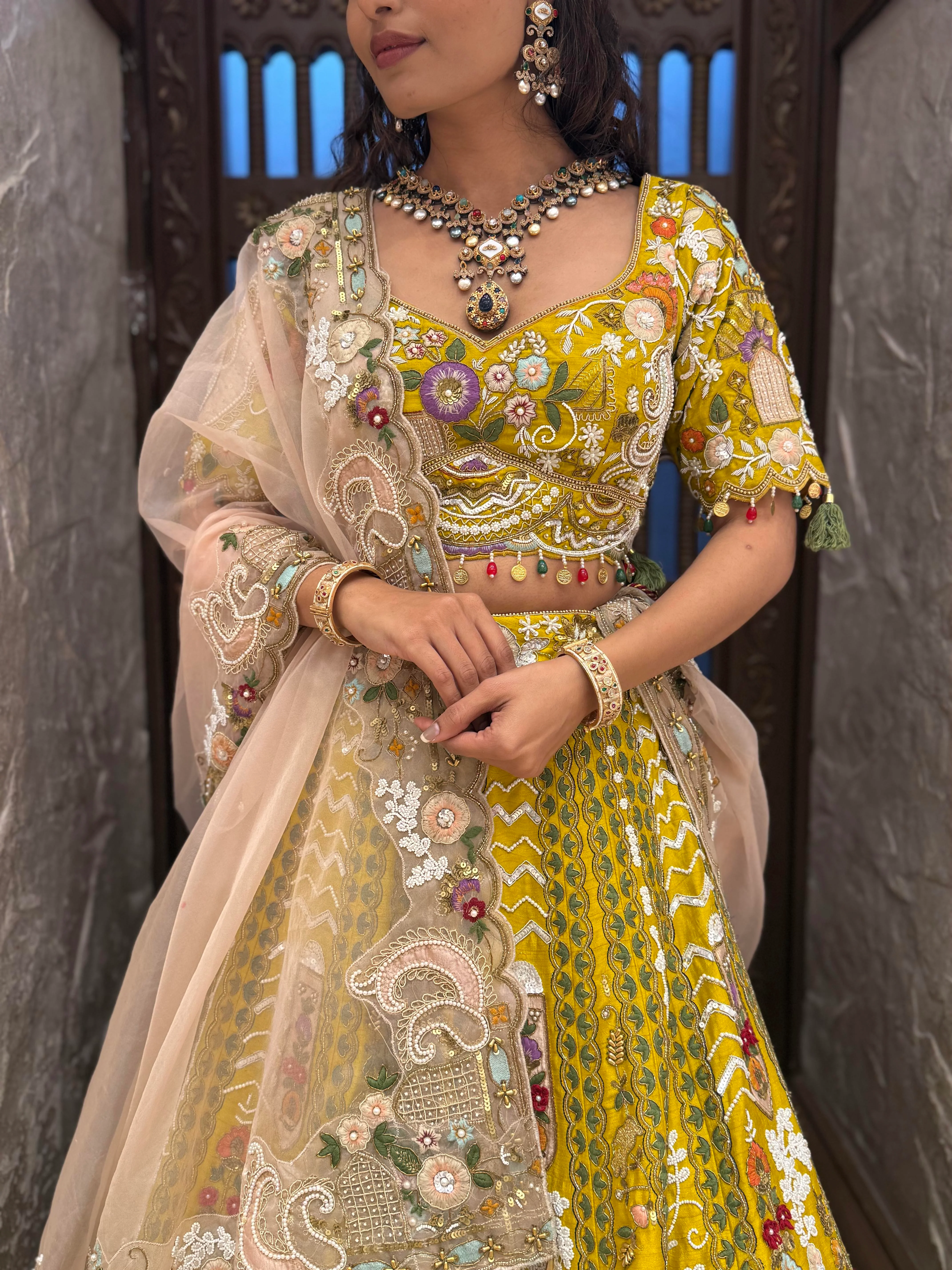 Royal Mustard Yellow Hand-Embroidered Bridal Lehenga Set with Net Dupatta - Image 2