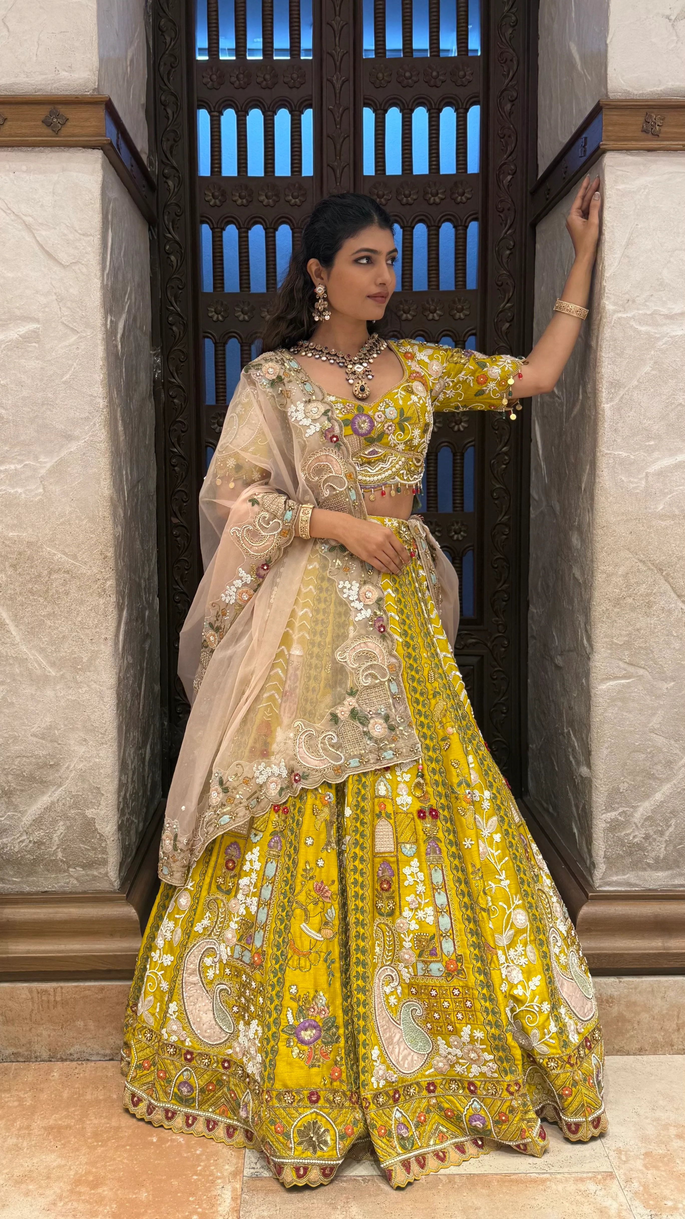 Royal Mustard Yellow Hand-Embroidered Bridal Lehenga Set with Net Dupatta - Image 3