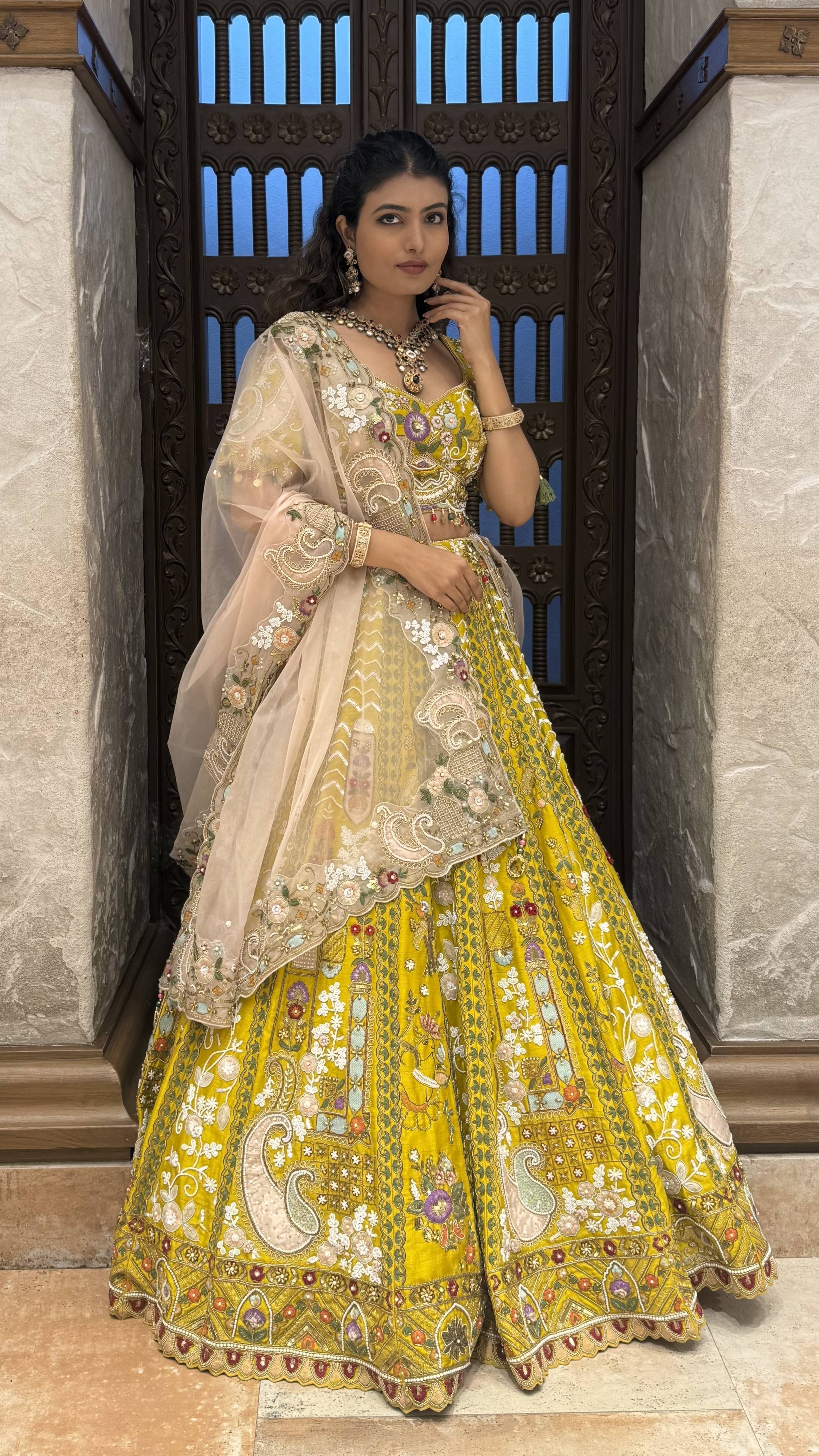 Royal Mustard Yellow Hand-Embroidered Bridal Lehenga Set with Net Dupatta - Image 4