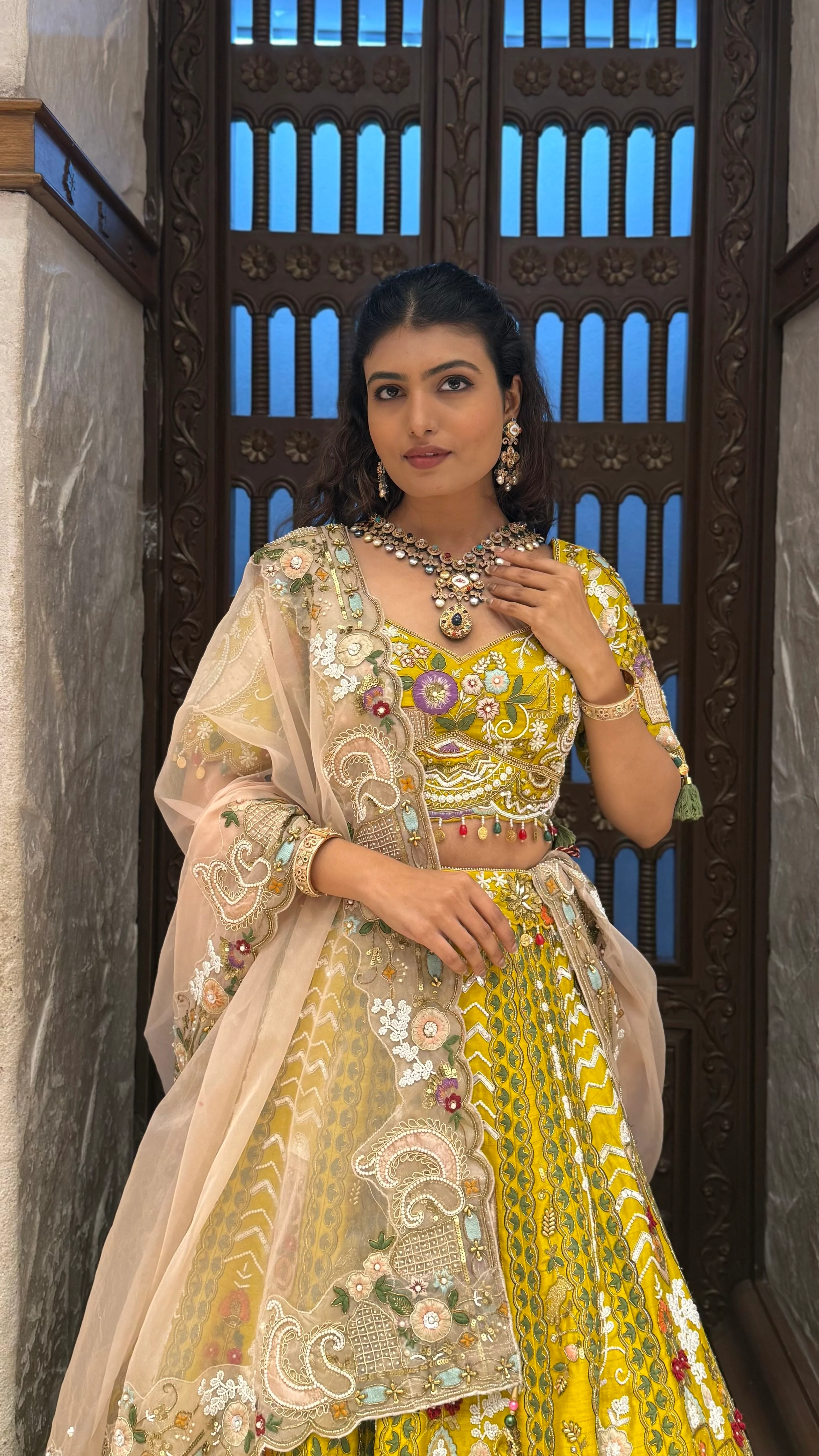 Royal Mustard Yellow Hand-Embroidered Bridal Lehenga Set with Net Dupatta - Image 5