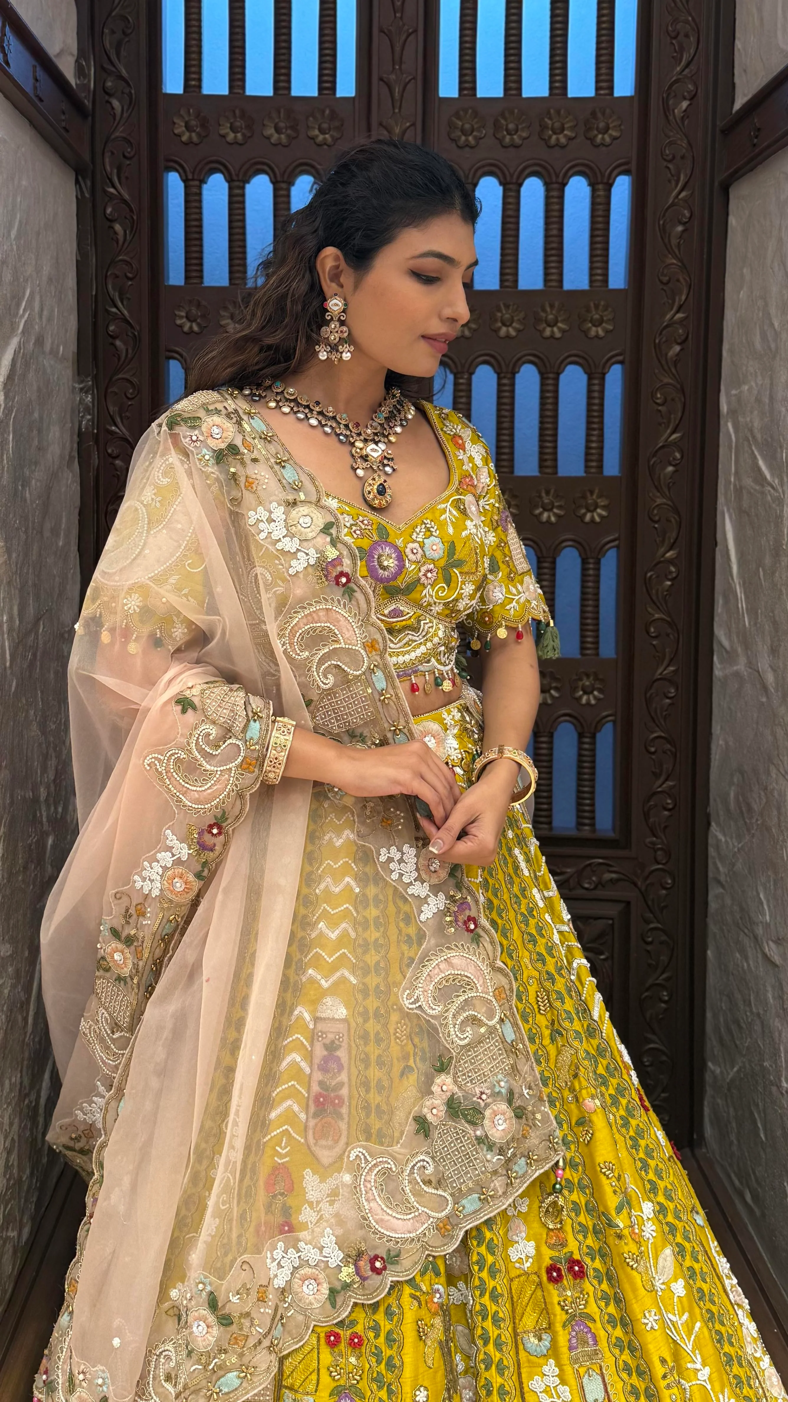 Royal Mustard Yellow Hand-Embroidered Bridal Lehenga Set with Net Dupatta - Image 6