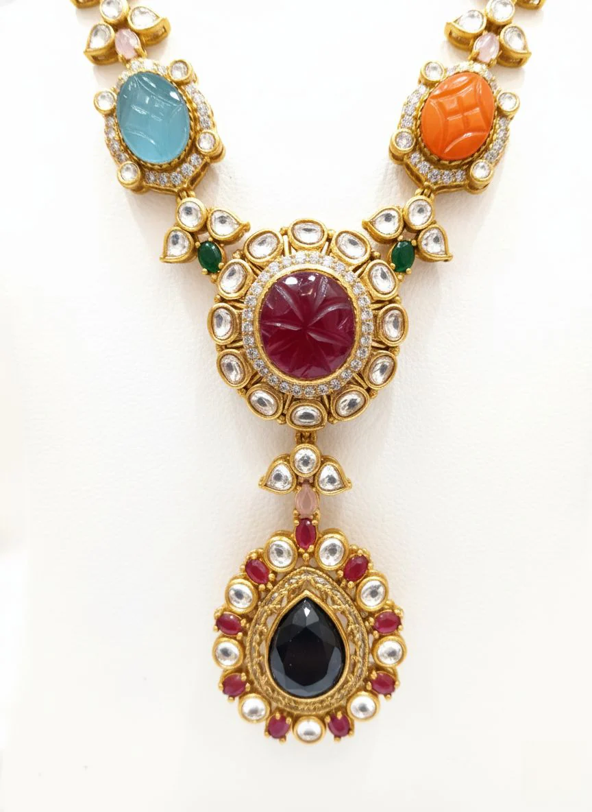 Royal Navratna Carved Gemstone Necklace Set with Kundan & Pearls - Image 2