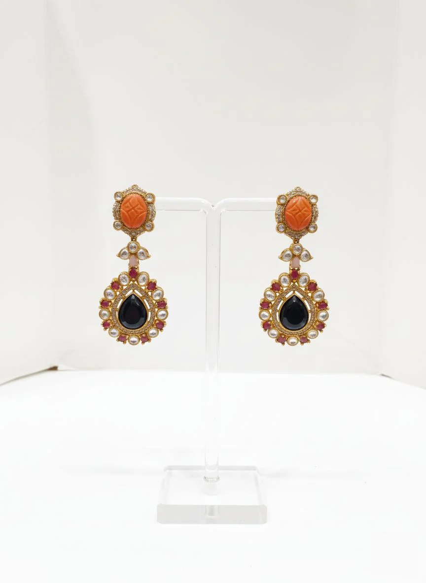 Royal Navratna Carved Gemstone Necklace Set with Kundan & Pearls - Image 3