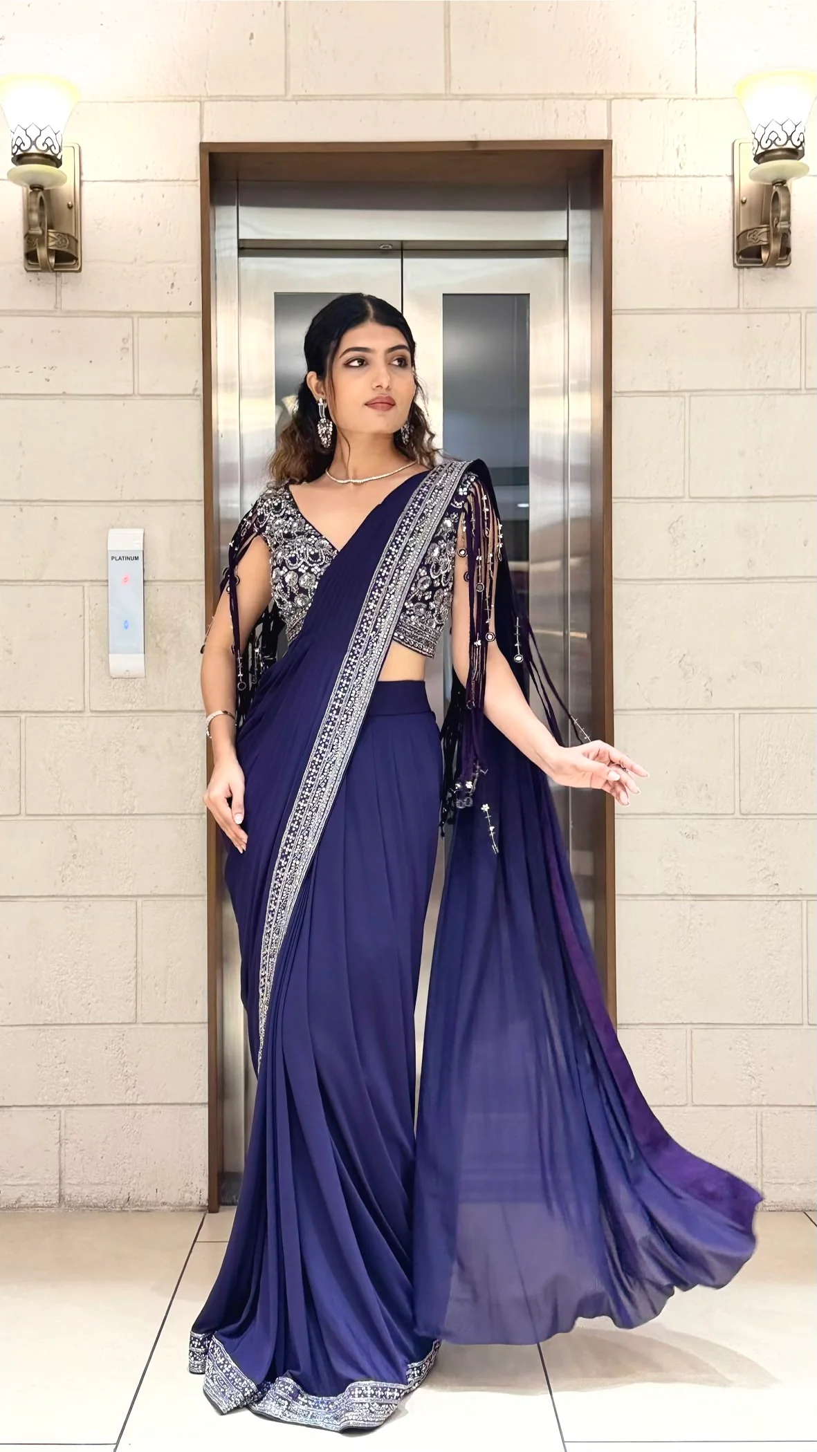 Royal Navy Blue Designer Saree with Sequins Embroidered Blouse & Crystal Border - Image 3