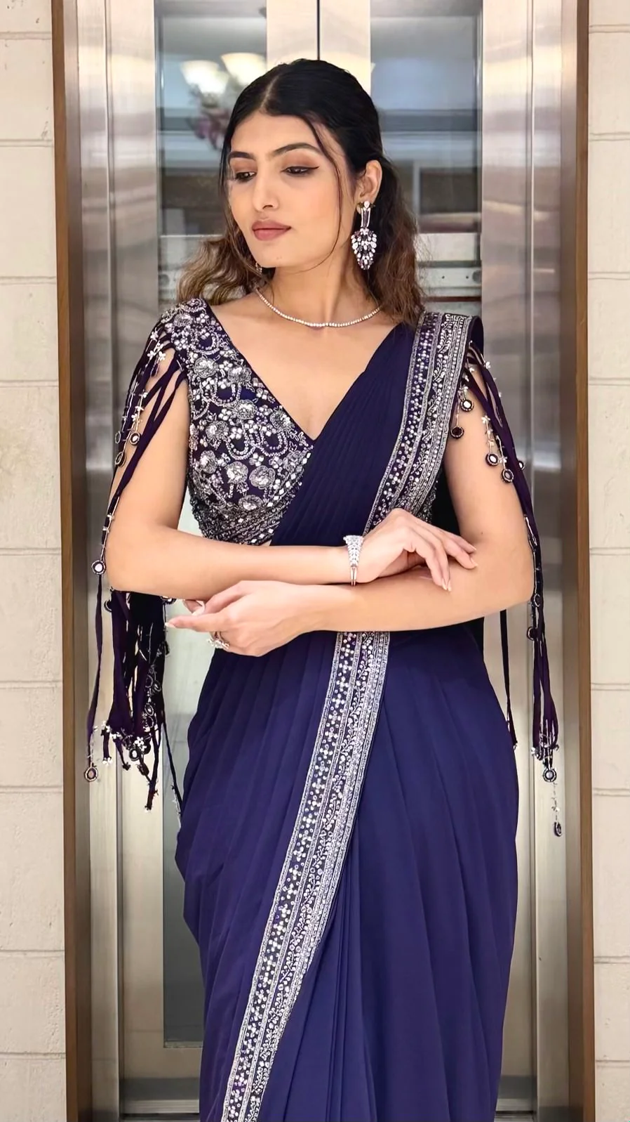Royal Navy Blue Designer Saree with Sequins Embroidered Blouse & Crystal Border - Image 4