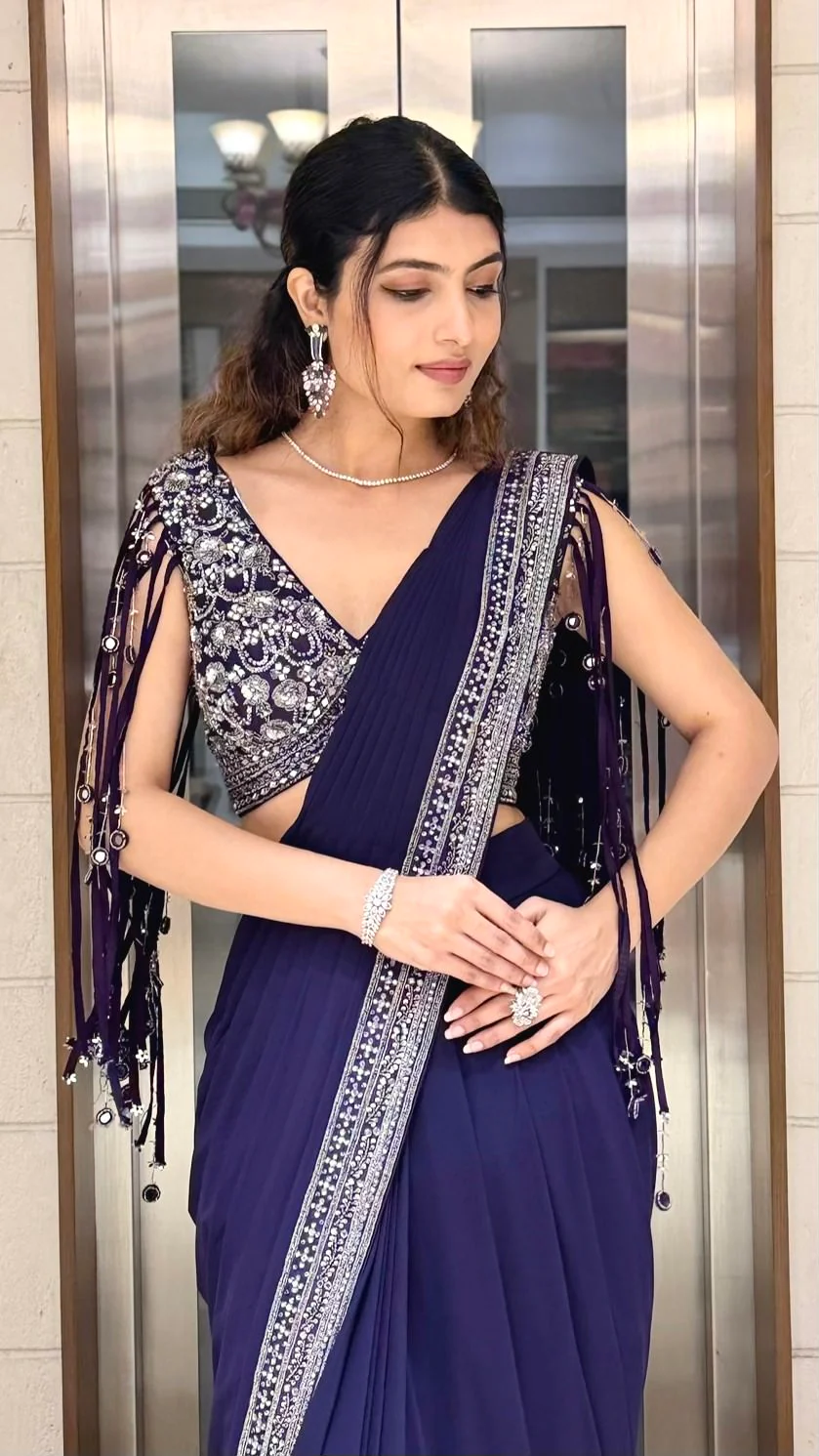 Royal Navy Blue Designer Saree with Sequins Embroidered Blouse & Crystal Border - Image 6