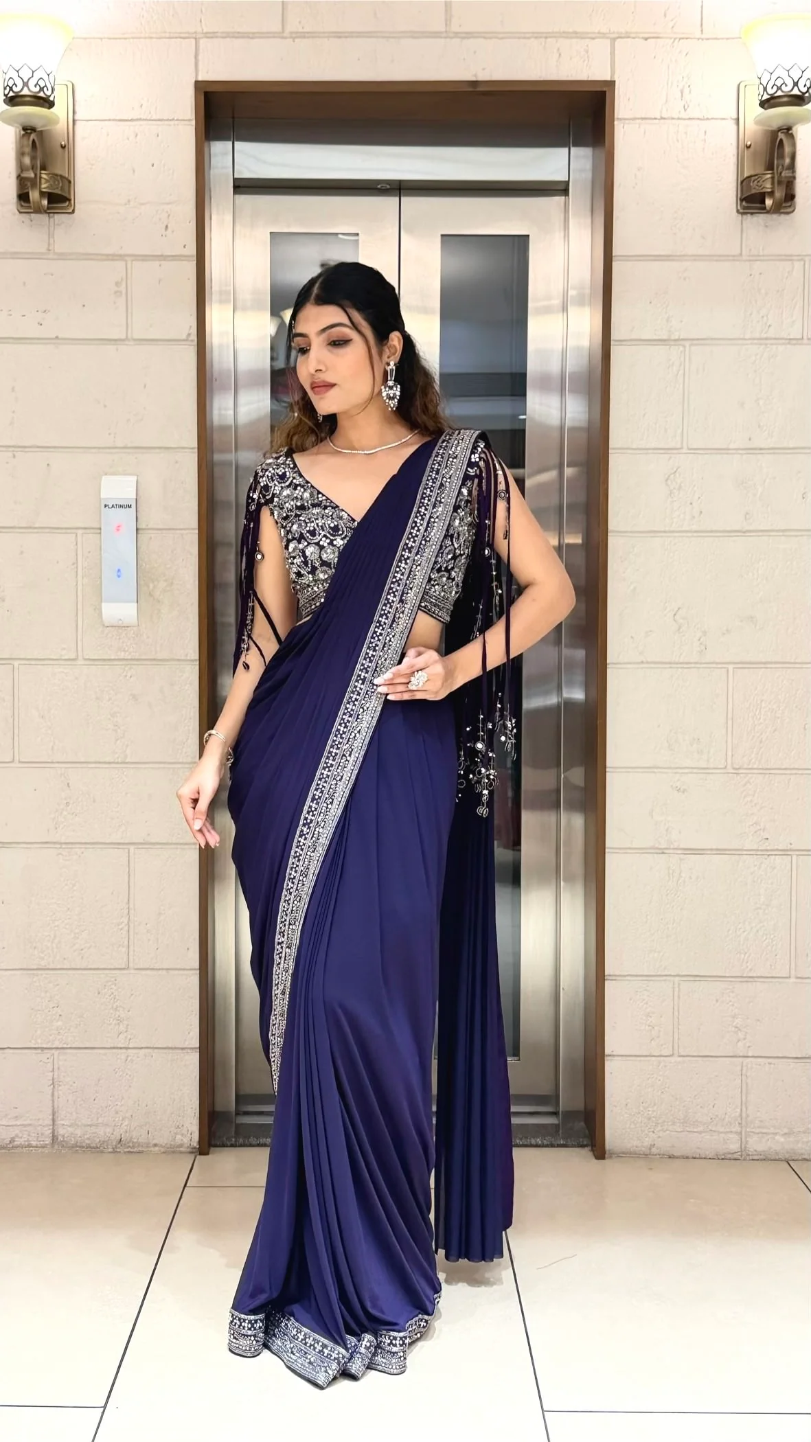 Royal Navy Blue Designer Saree with Sequins Embroidered Blouse & Crystal Border - Image 7