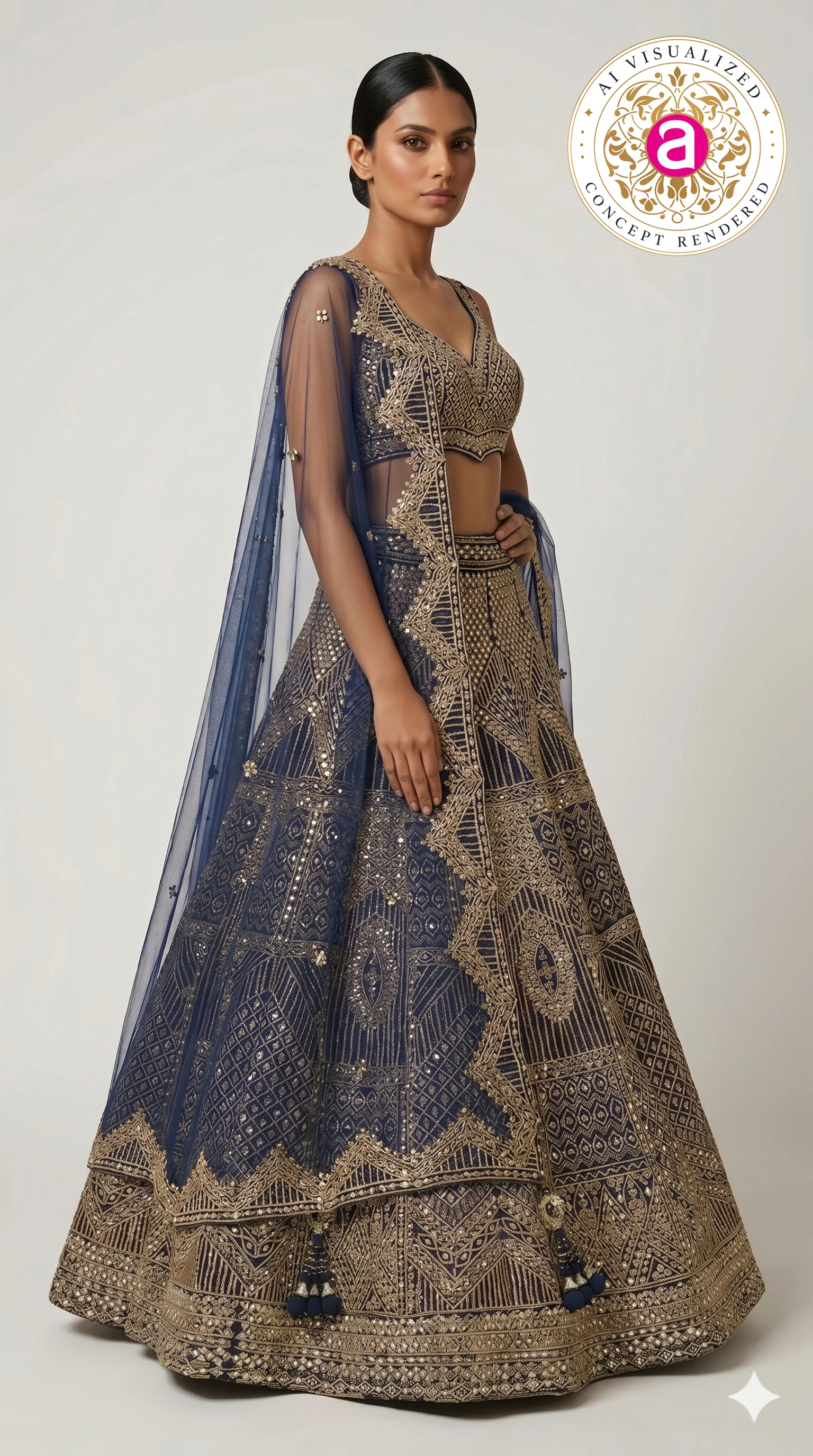 Royal Navy Blue Heavy Embroidered Designer Lehenga Choli with Net Dupatta - Image 5