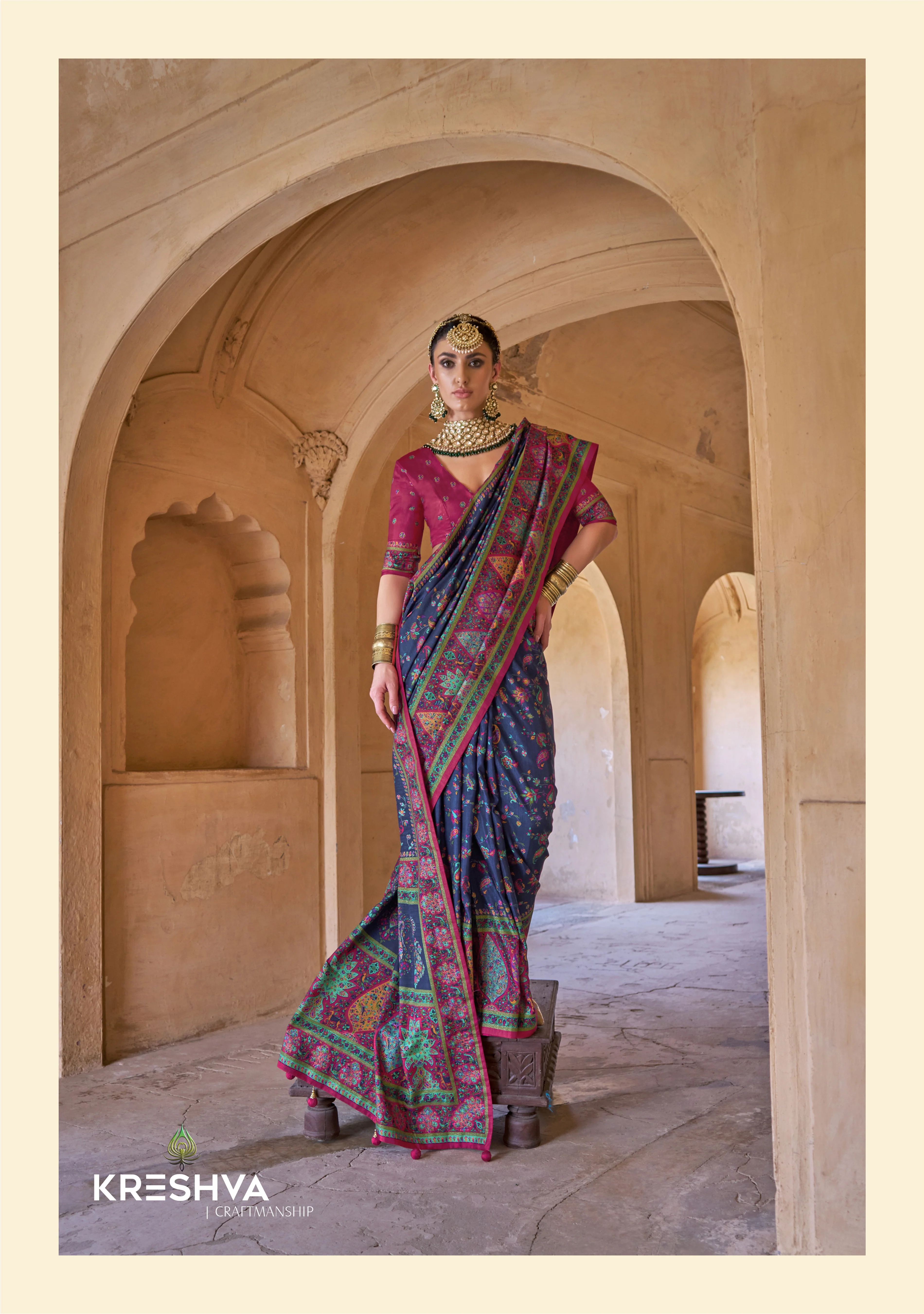 Royal Navy Blue & Heritage Multicolour Pashmina Inspired Designer Saree - Image 2