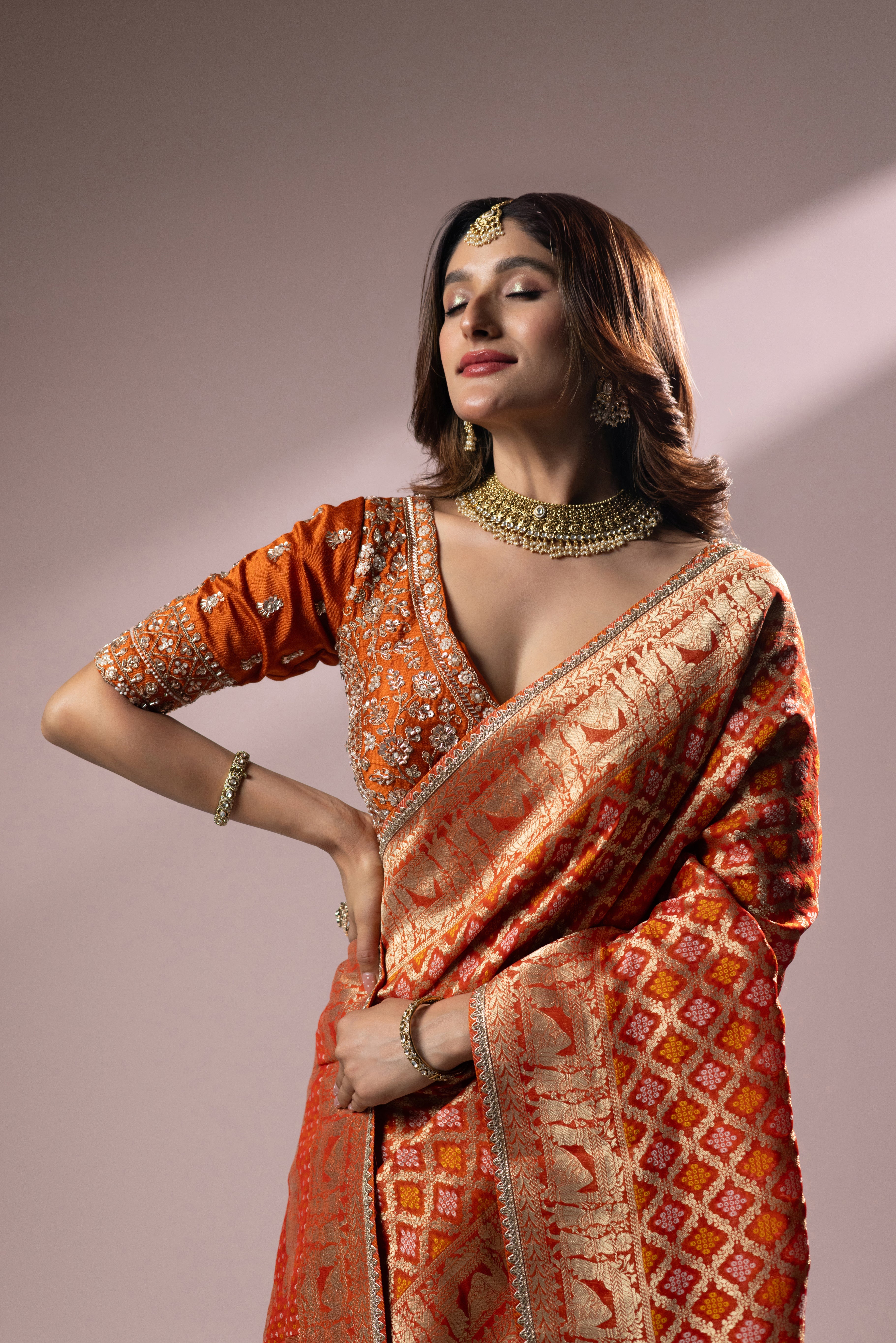 Royal Orange Banarasi Silk Saree with Traditional Zari Weaving - Image 3