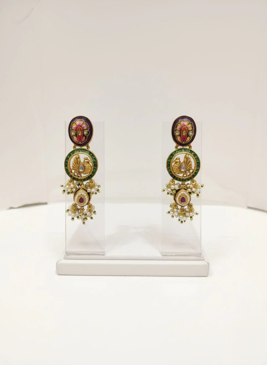 Royal Peacock Kundan & Meenakari Necklace Set with Emerald Accents - Image 2