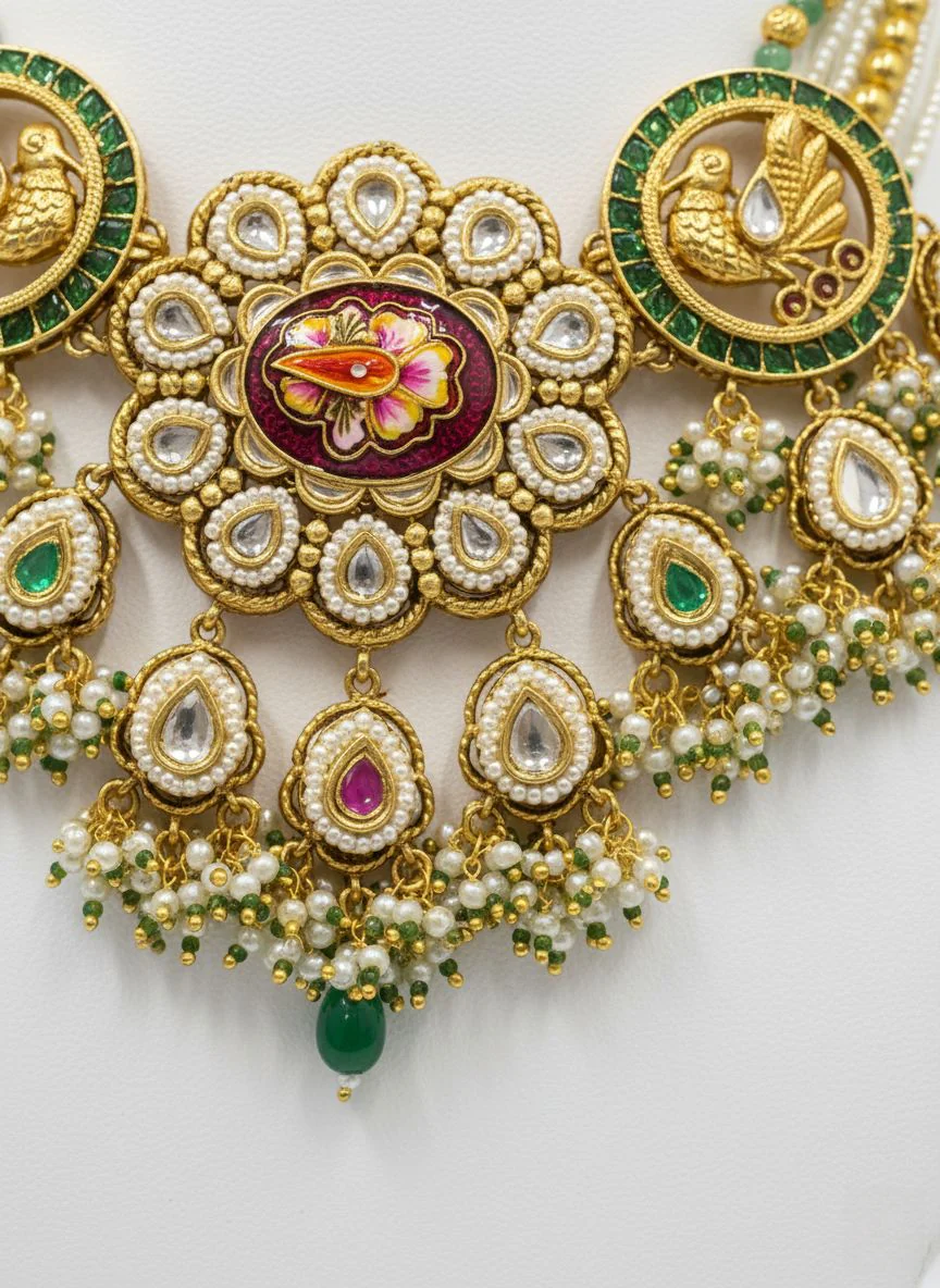 Royal Peacock Kundan & Meenakari Necklace Set with Emerald Accents - Image 3