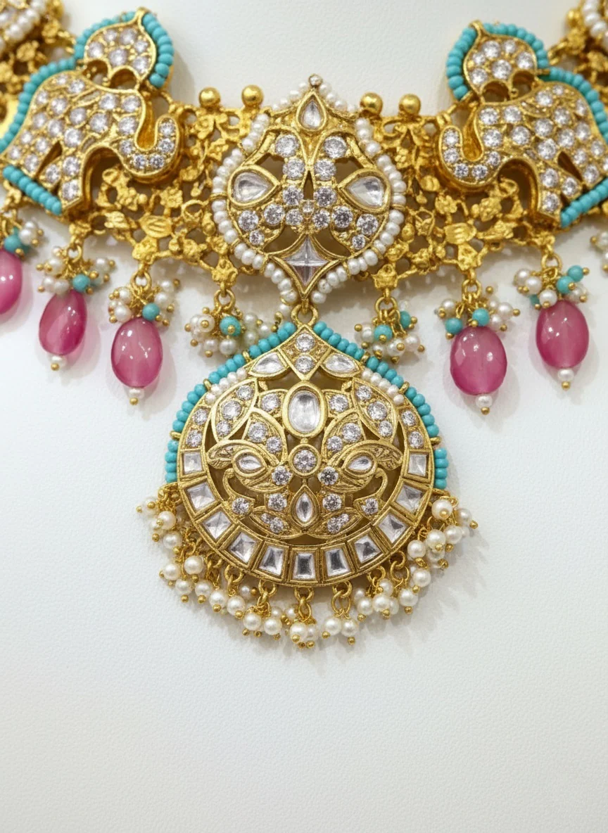 Royal Peacock Temple Necklace Set with Kundan Work & Pink Bead Drops - Image 2